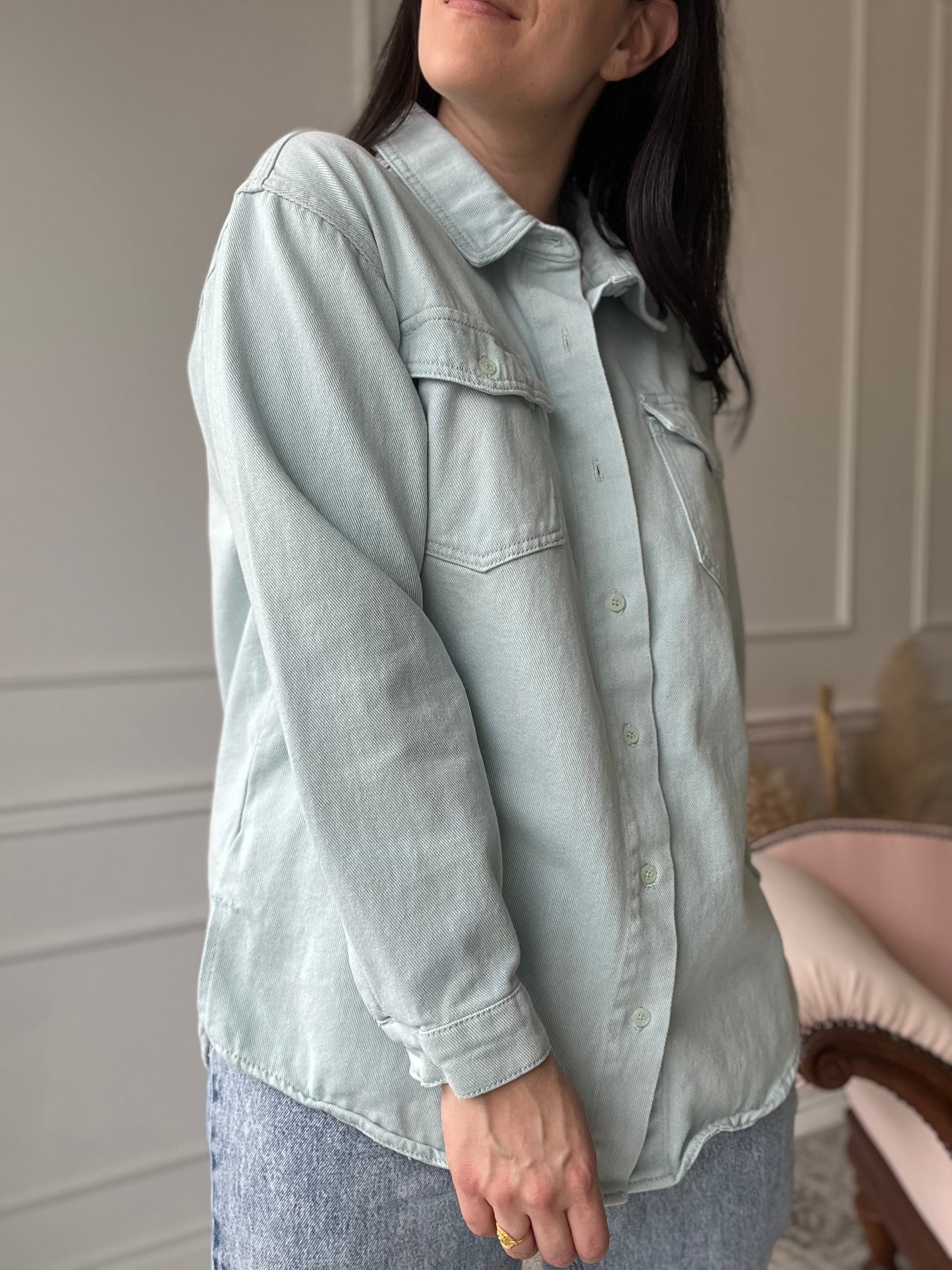 Light Teal Denim Shacket - Size L