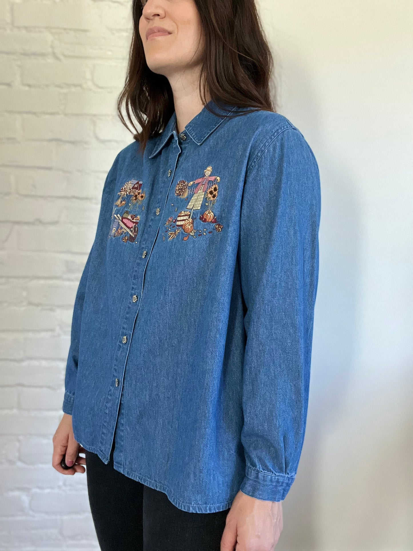 Pumpkin Denim Fall Button Up Shirt - Size XL
