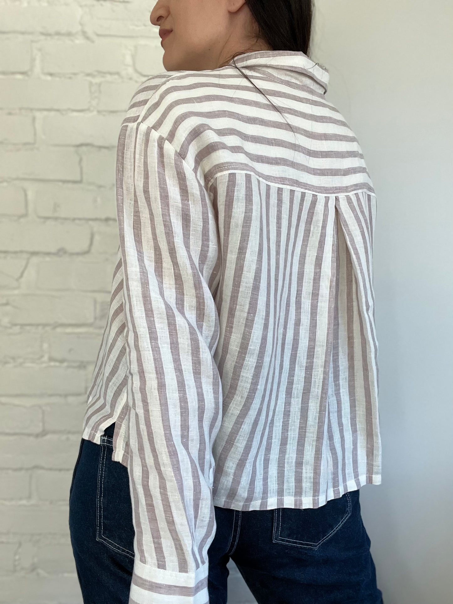 100% Linen Blush & White Blouse - Size M