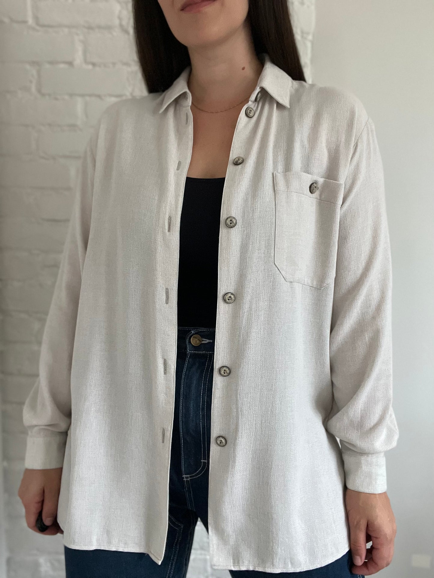 Neutral Waffle Button-Up Shirt - Size L