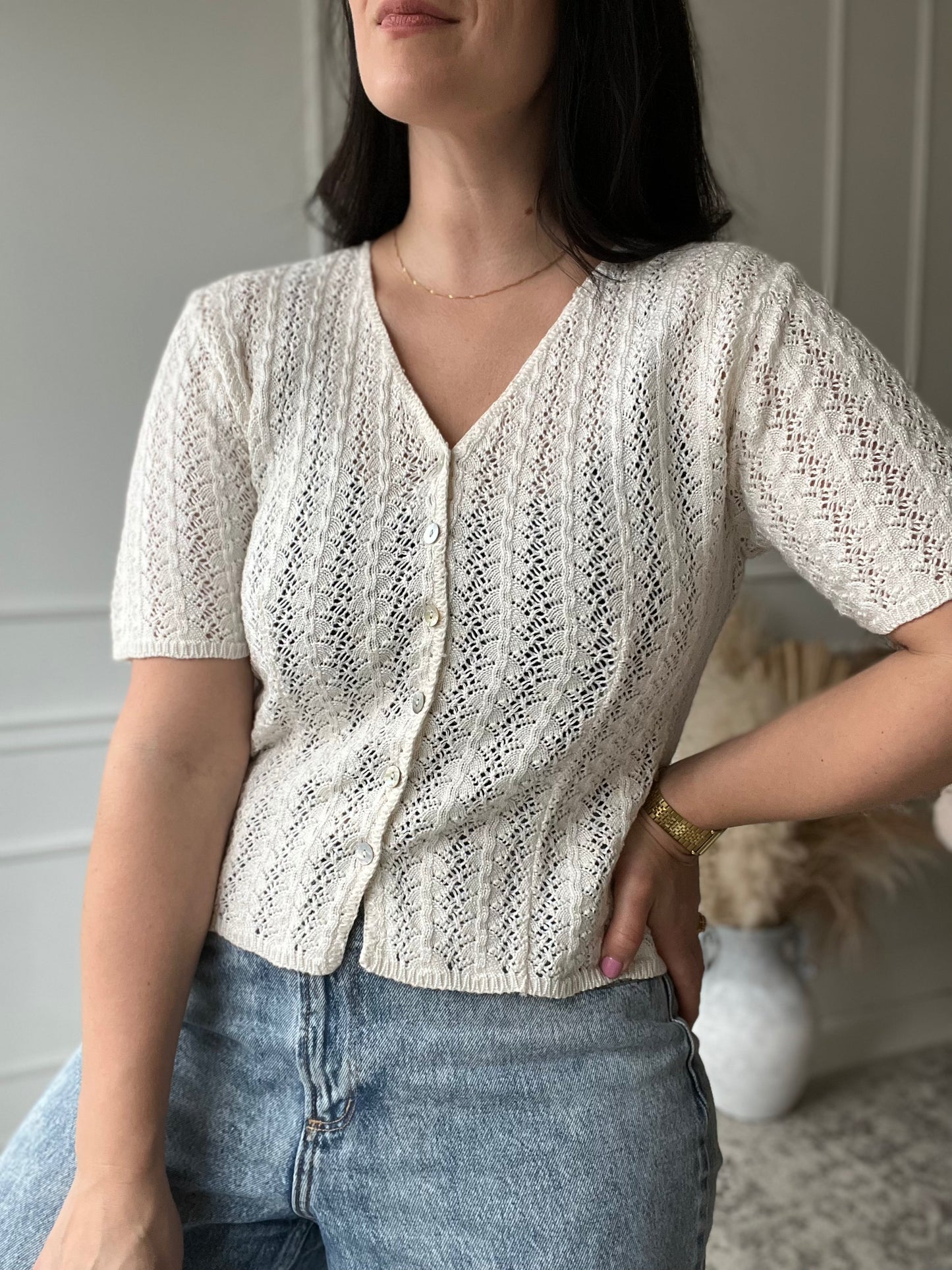Vintage V-Neck Crochet Top - Size S