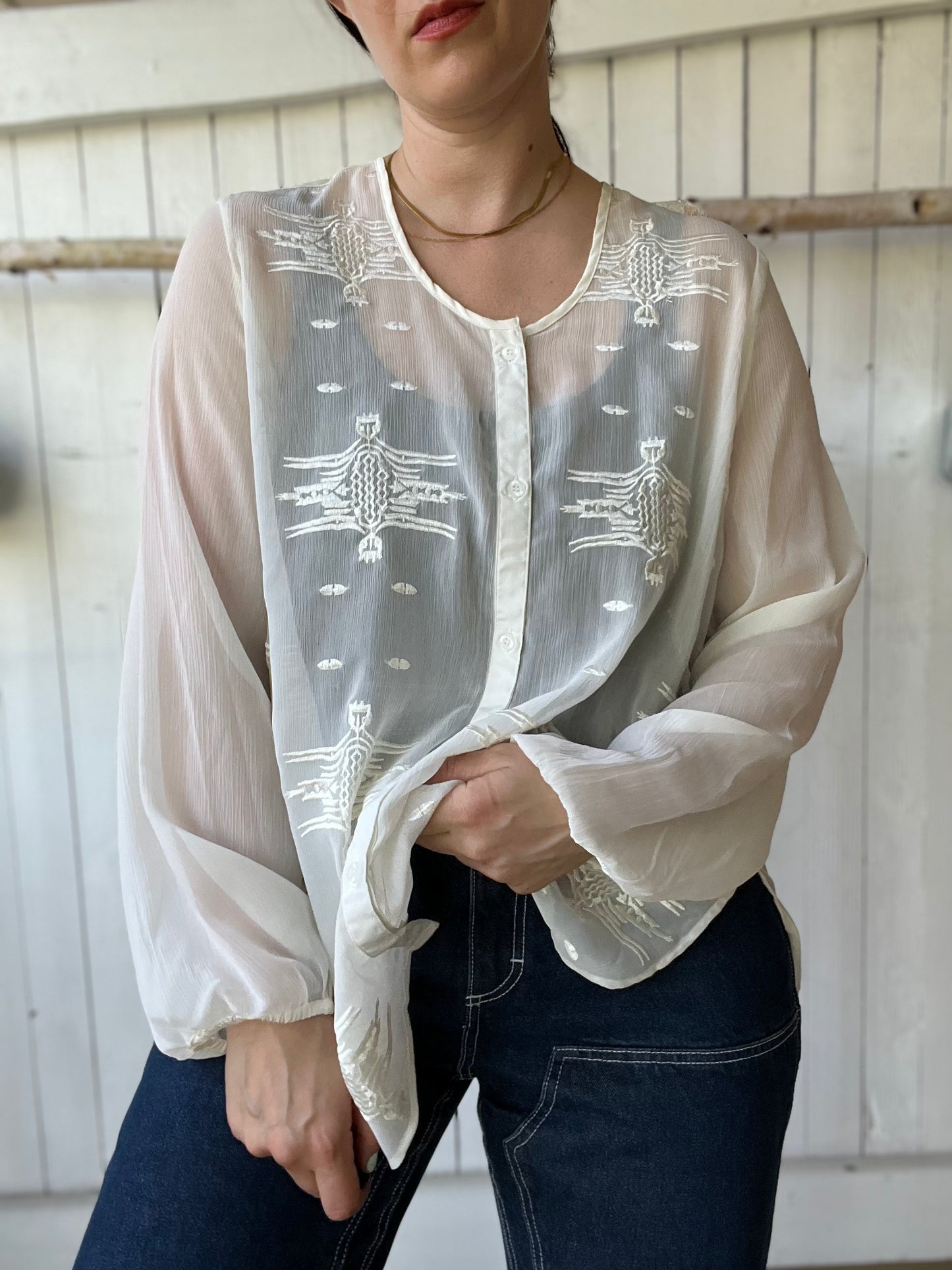 Embroidered Cream Blouse - Size L