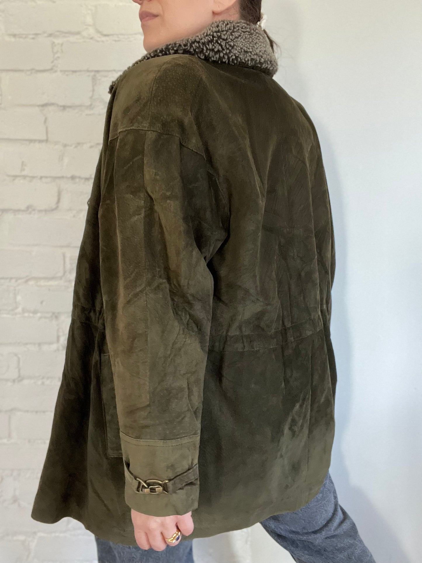 Olive Green Suede Leather Jacket - Size S/M