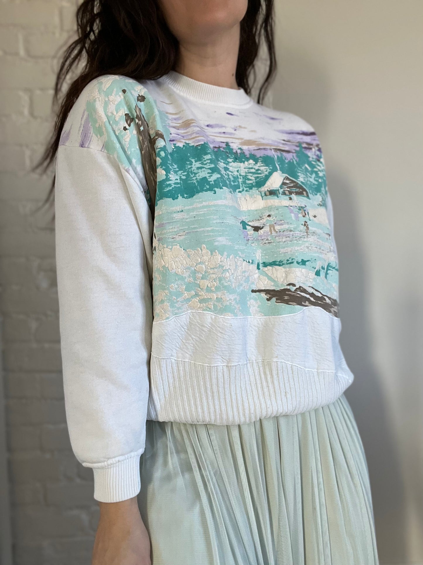 Vintage Skating Cottage Scene Sweater - L