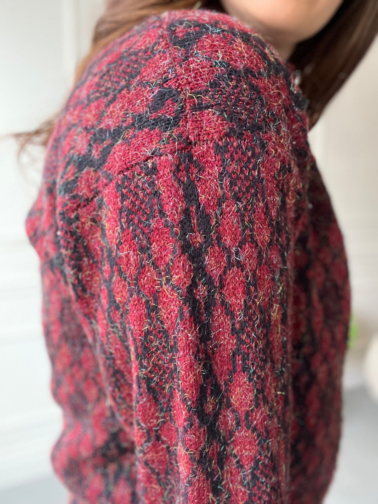 Red and Black Giraffe Tinsel Sweater - Size S/M