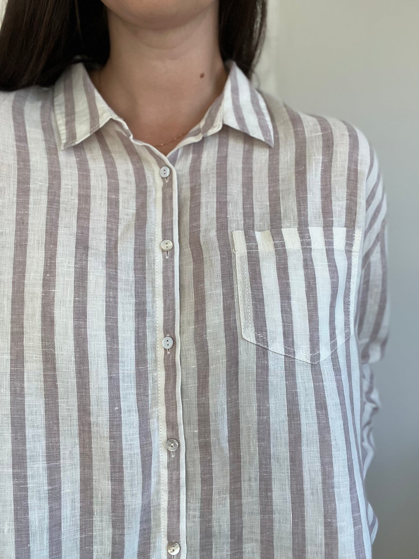 100% Linen Blush & White Blouse - Size M