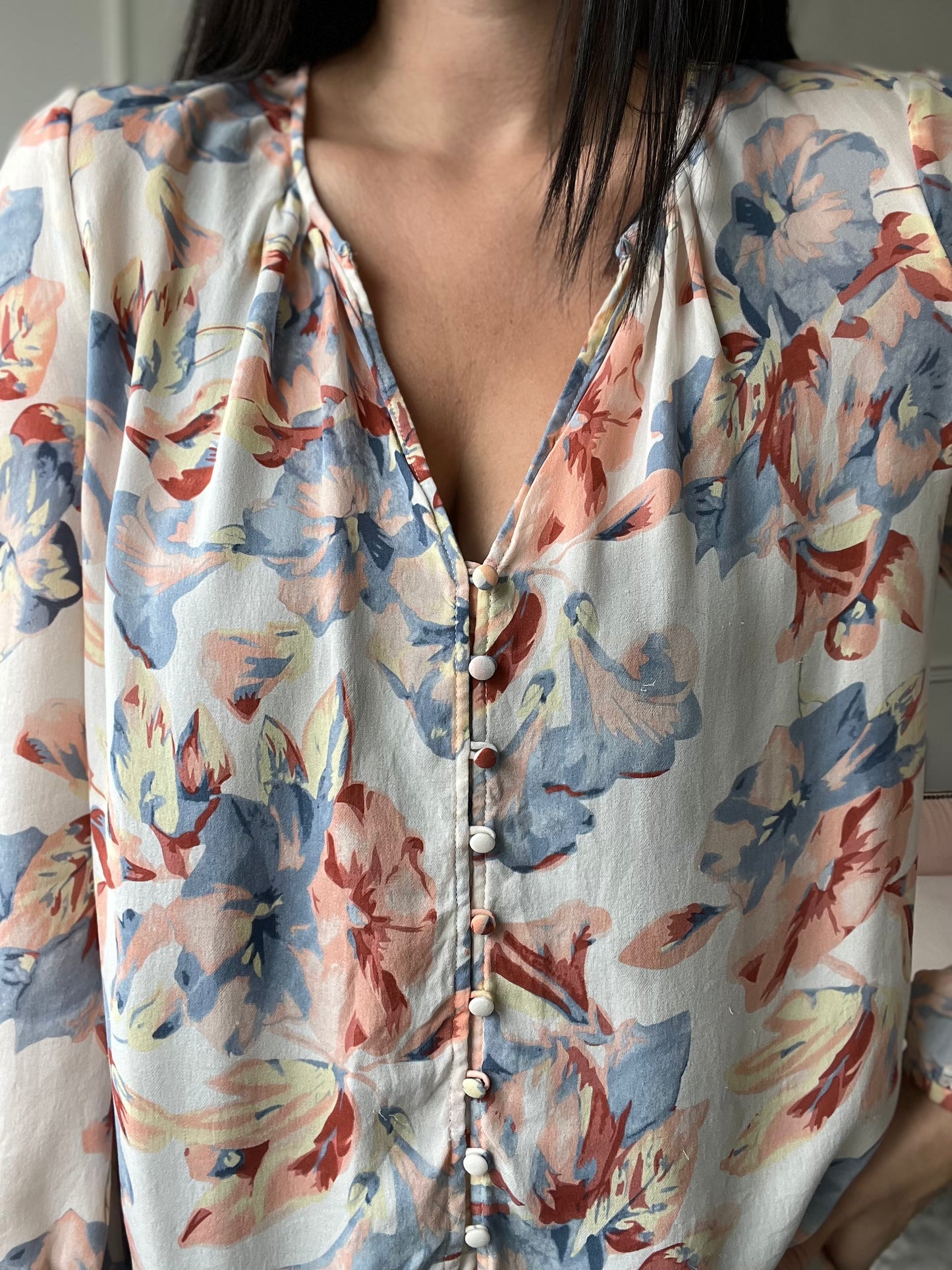 Romantic Floral Silk Top - Size L