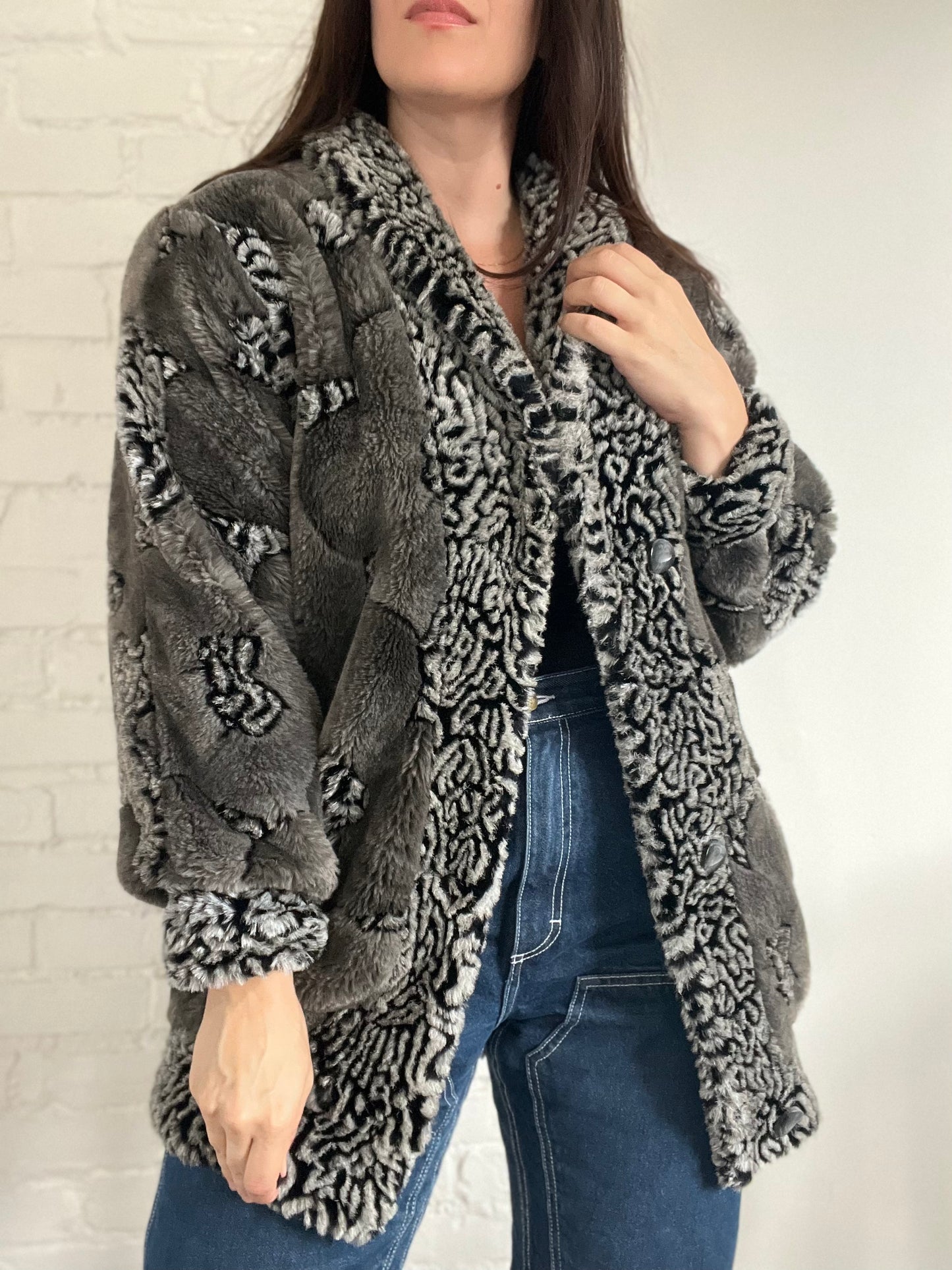 Grey & Black Faux Fur Jacket - Size S/M