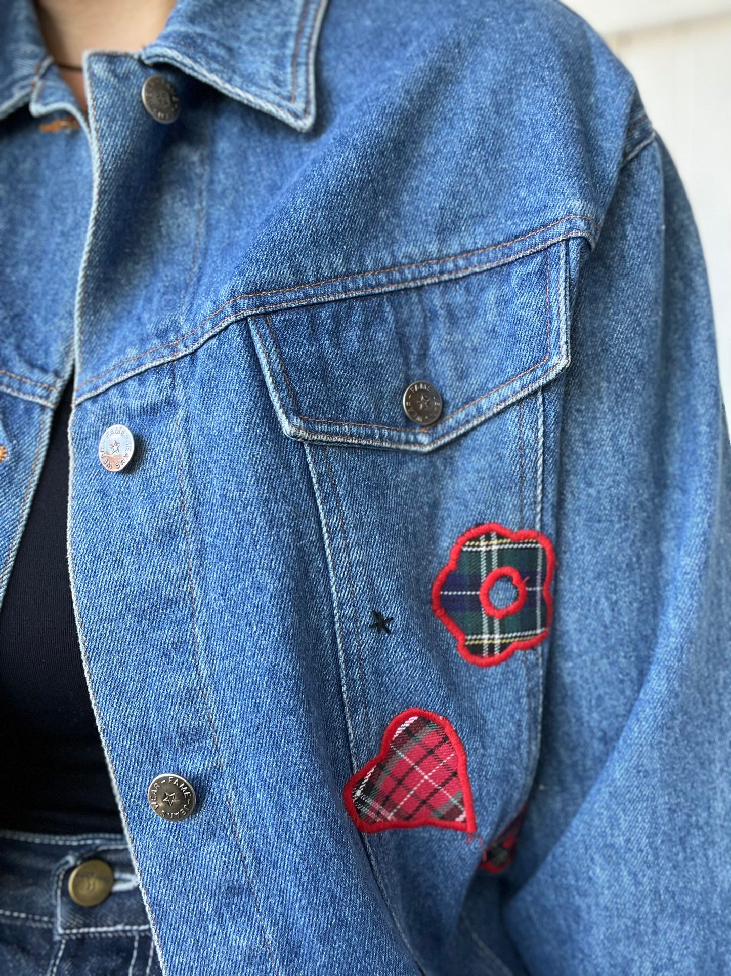 Patched Plaid Denim Jacket - Size M