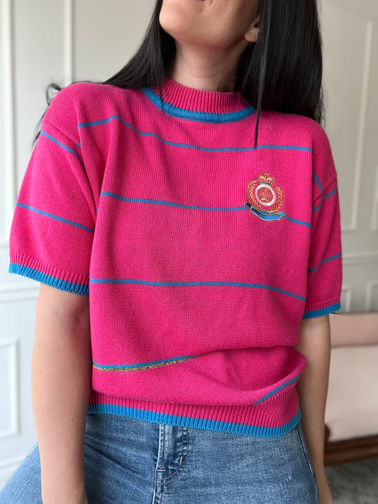 Sporty Crest Striped Knit Top - L