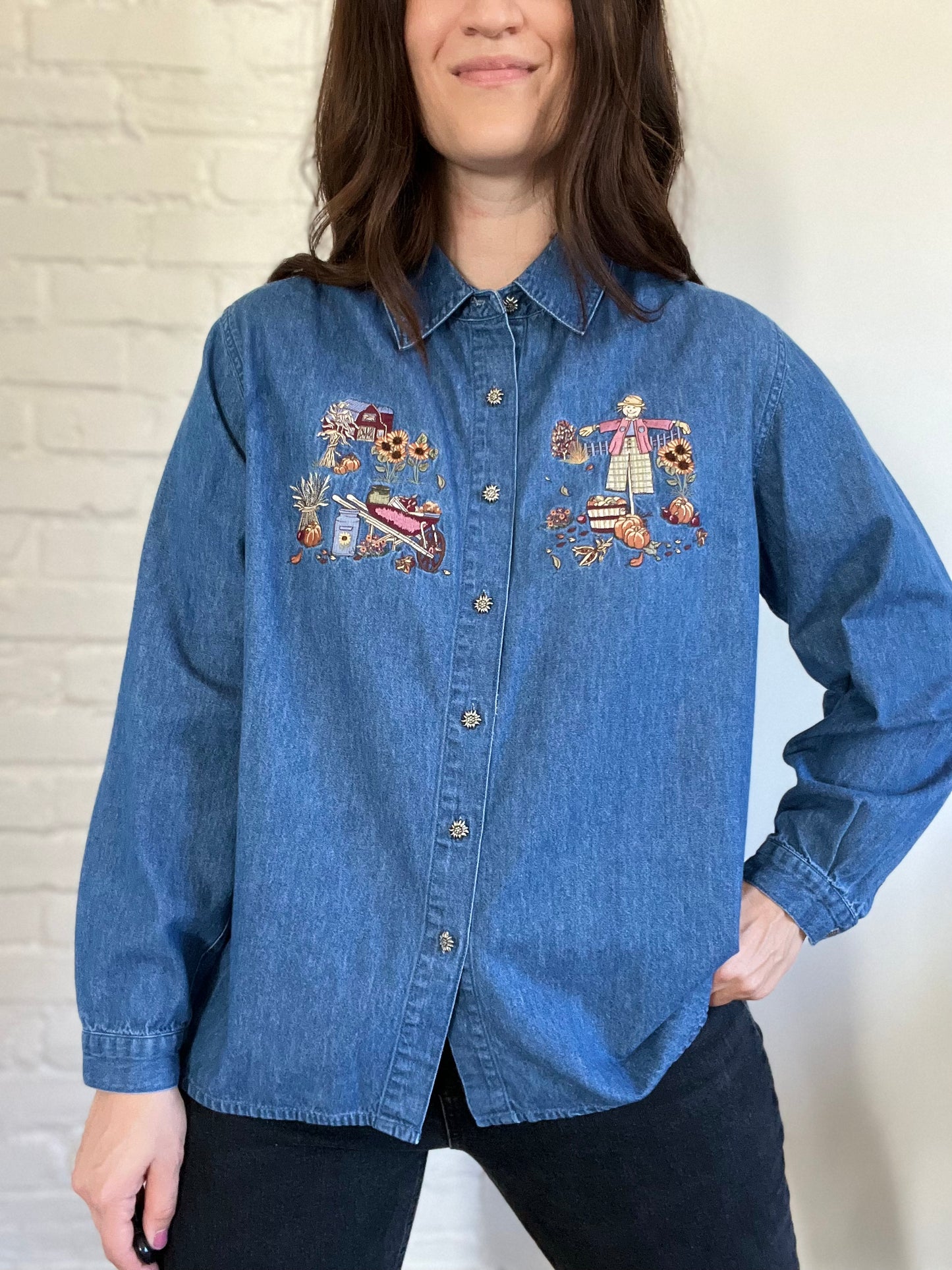 Pumpkin Denim Fall Button Up Shirt - Size XL