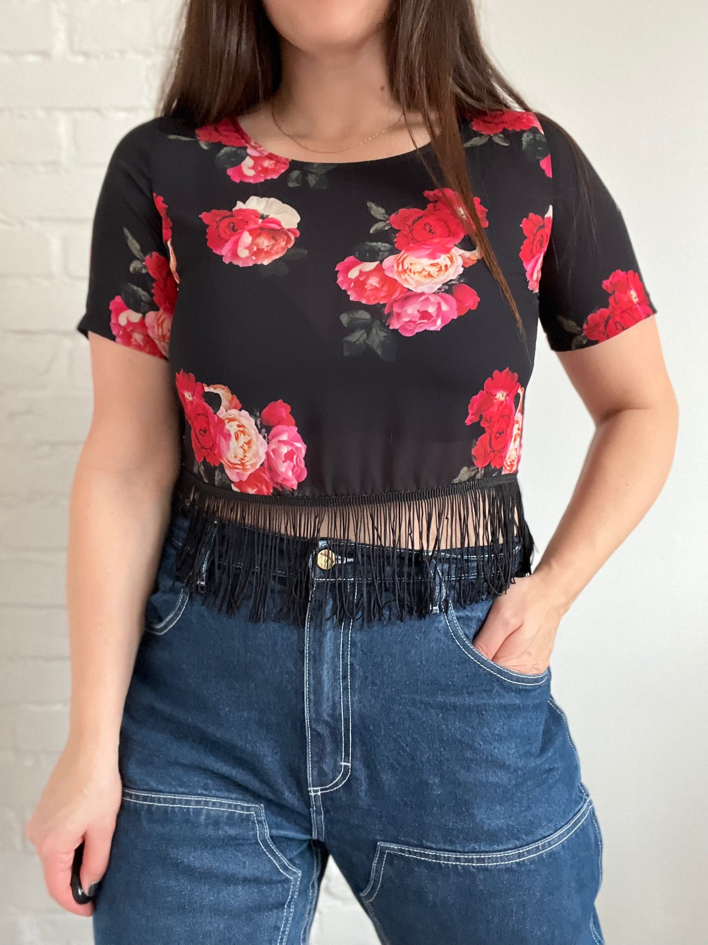 Floral Fringe Crop Top - M