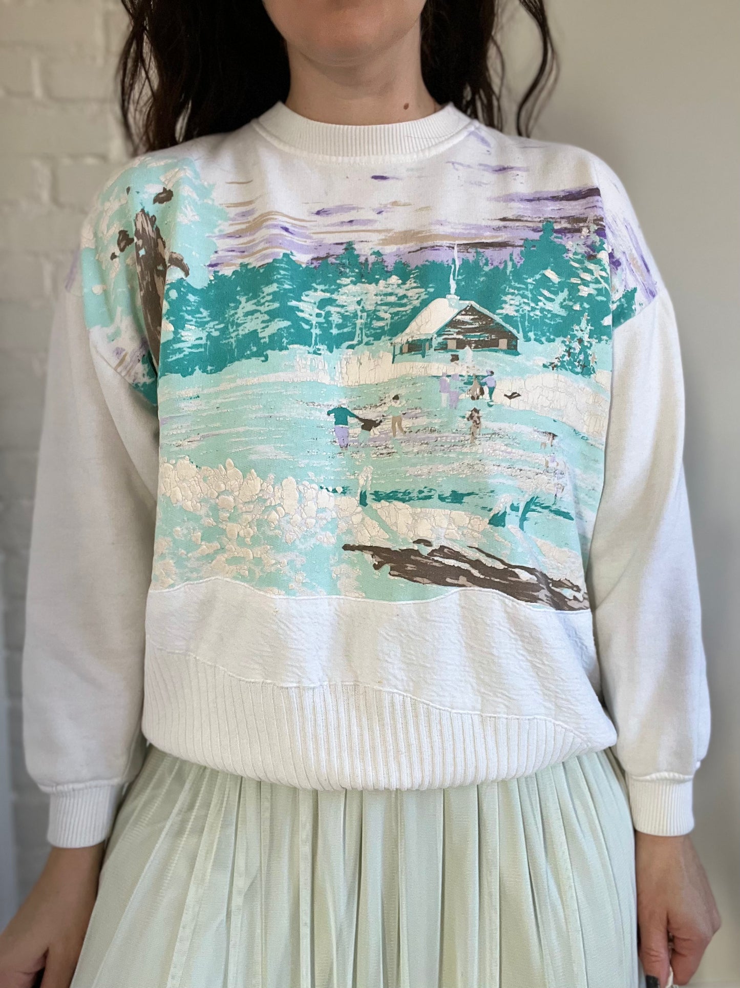 Vintage Skating Cottage Scene Sweater - L
