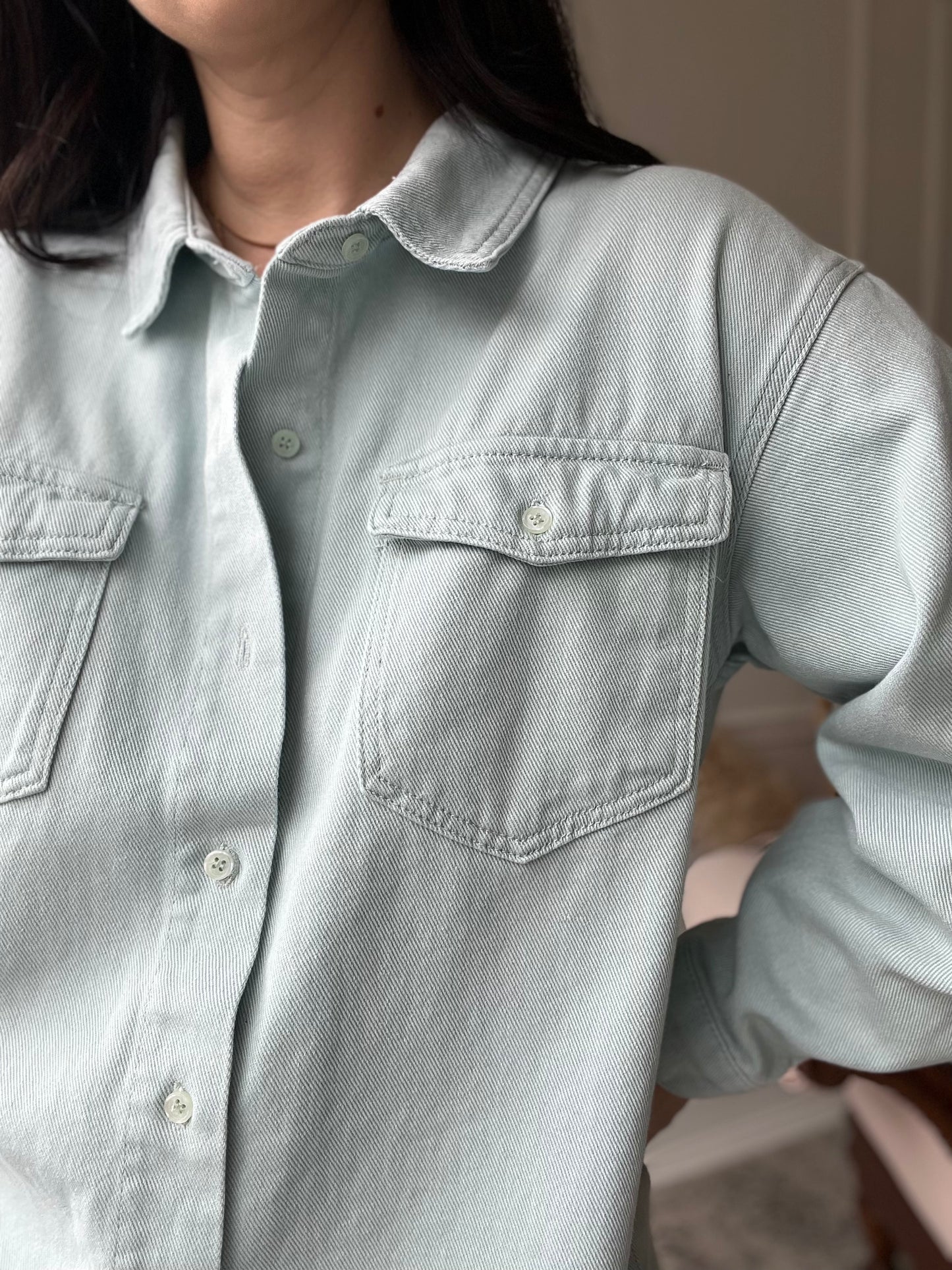 Light Teal Denim Shacket - Size L