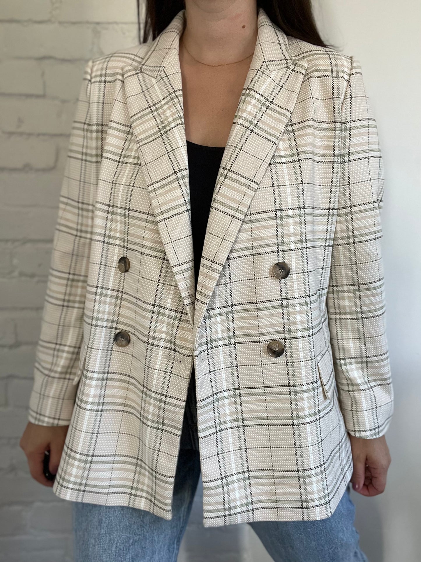 Neutral & Green Plaid Blazer Jacket - Size L
