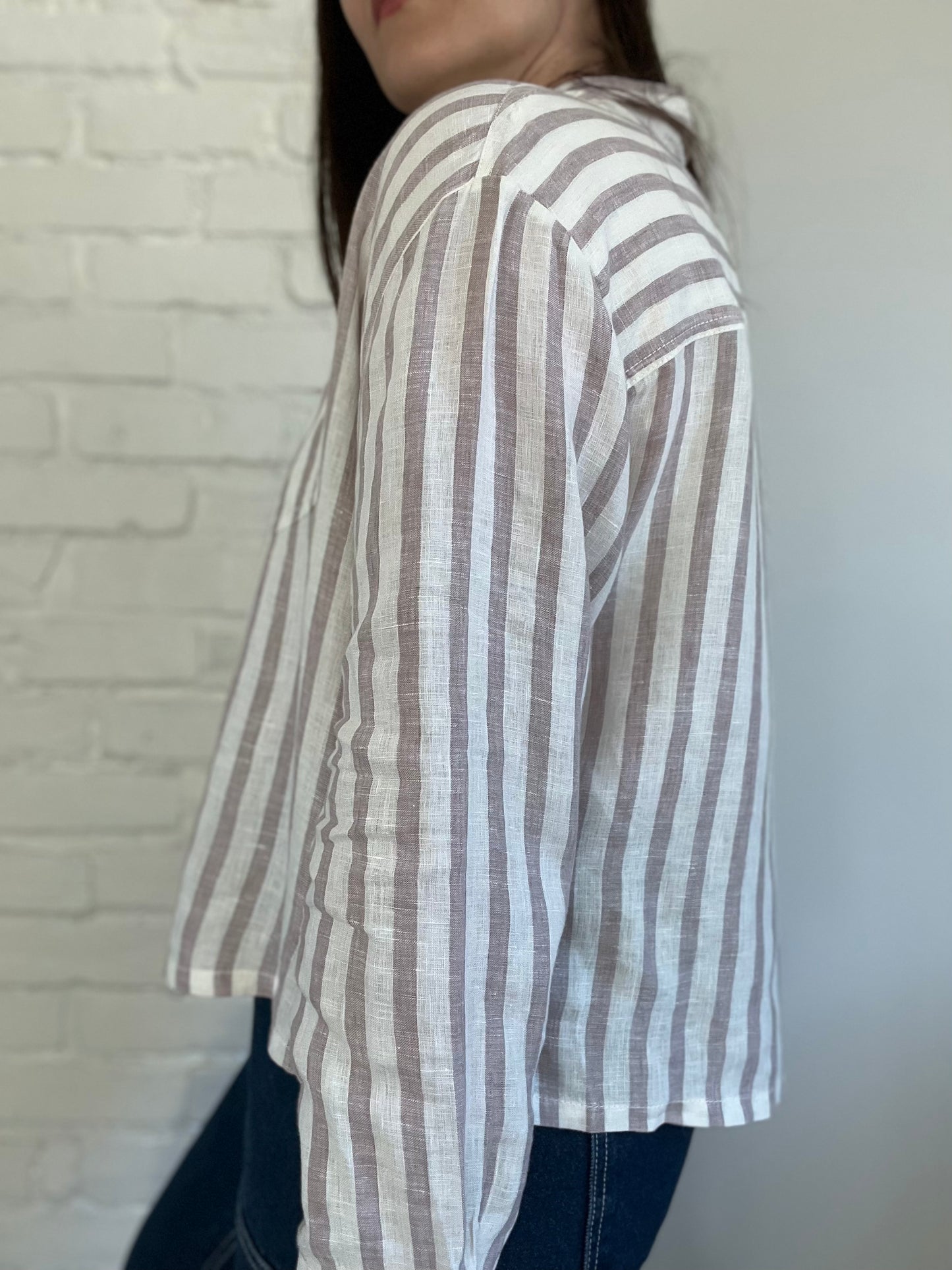 100% Linen Blush & White Blouse - Size M