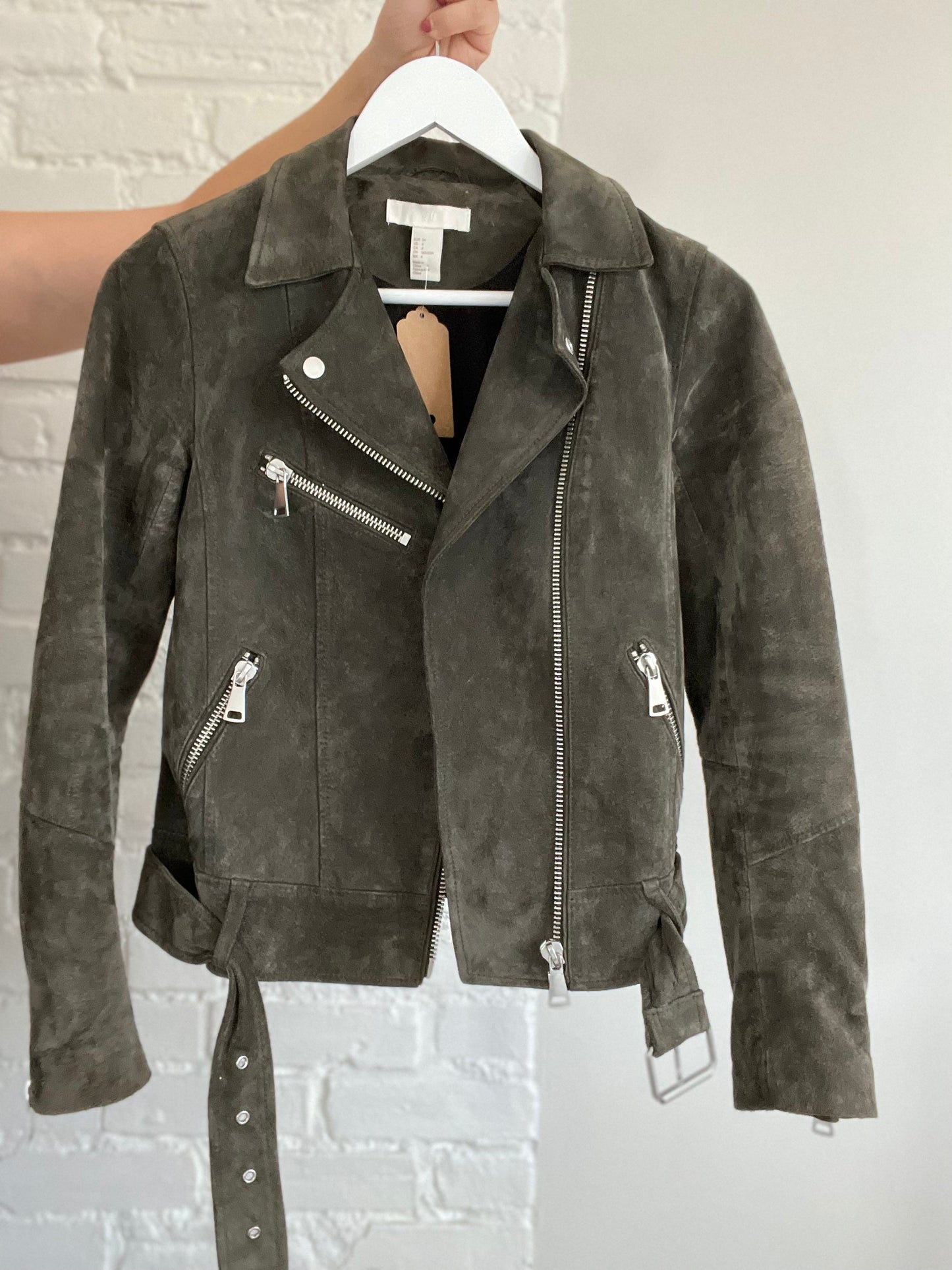 Army Green 100% Leather Suede Moto Jacket - Size 4