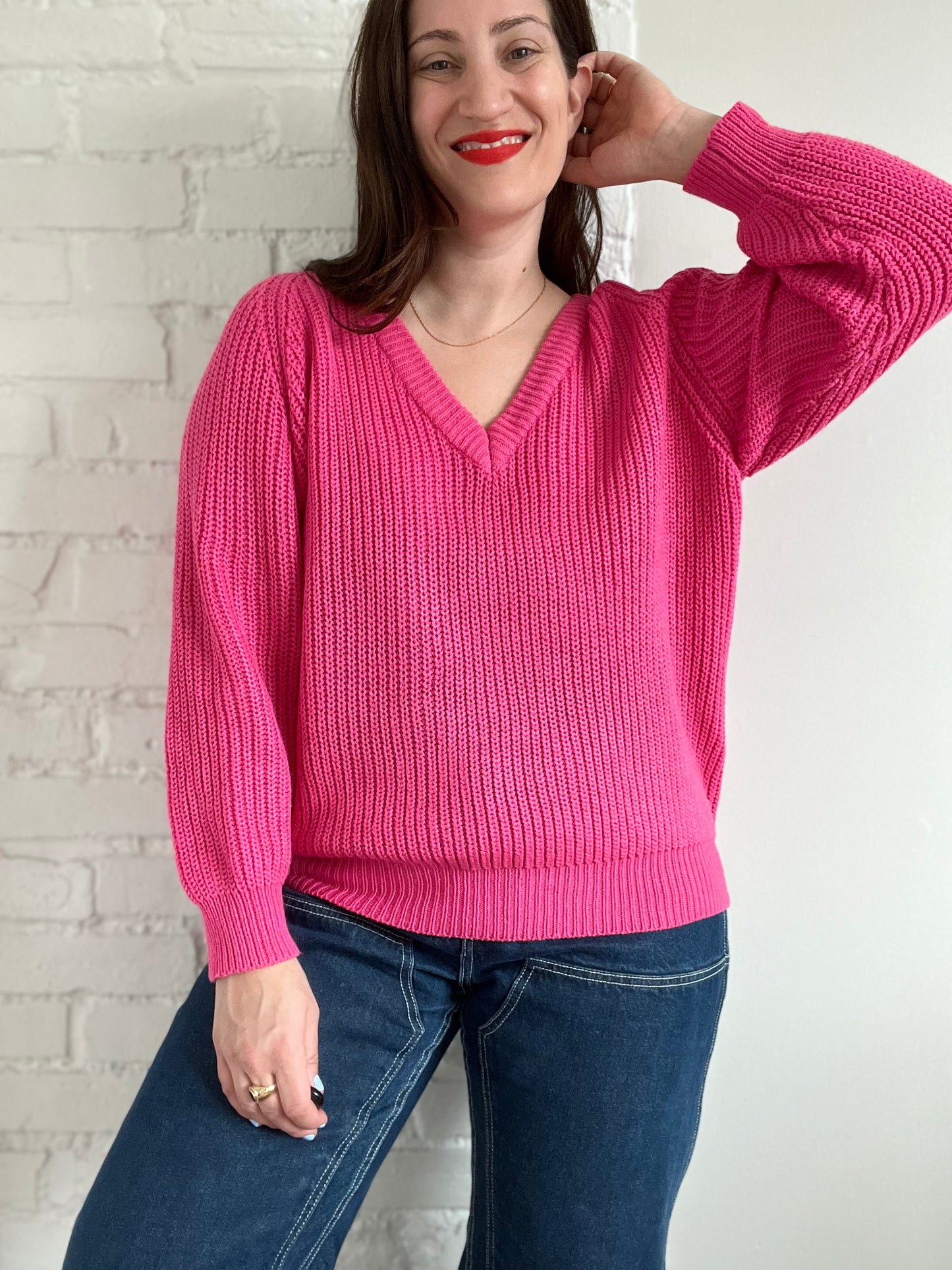 Preppy Pink Knit Sweater - L