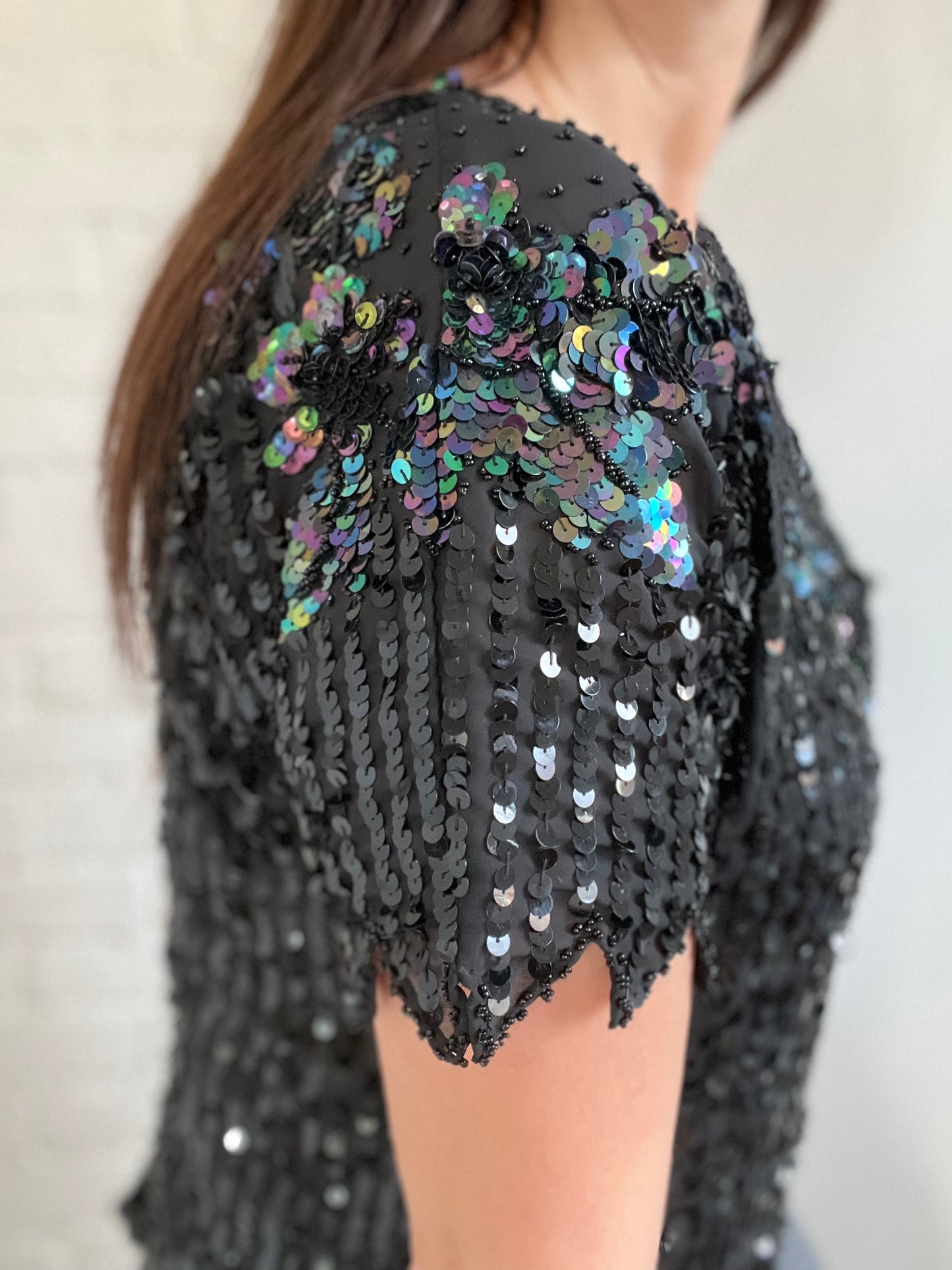 Black Sheer Sequinned Top - M