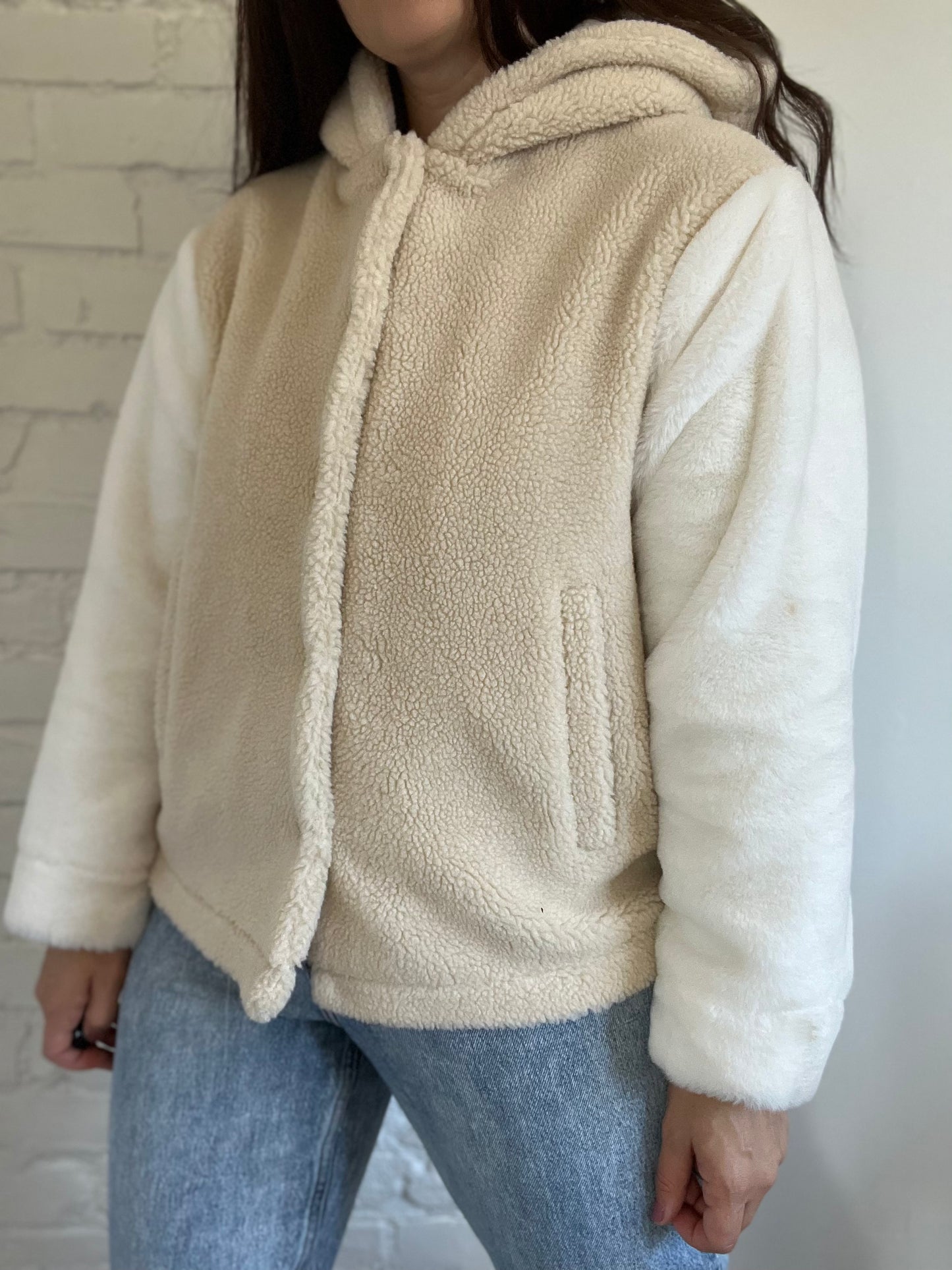 Sherpa & Faux White Fur Jacket - Size S/M