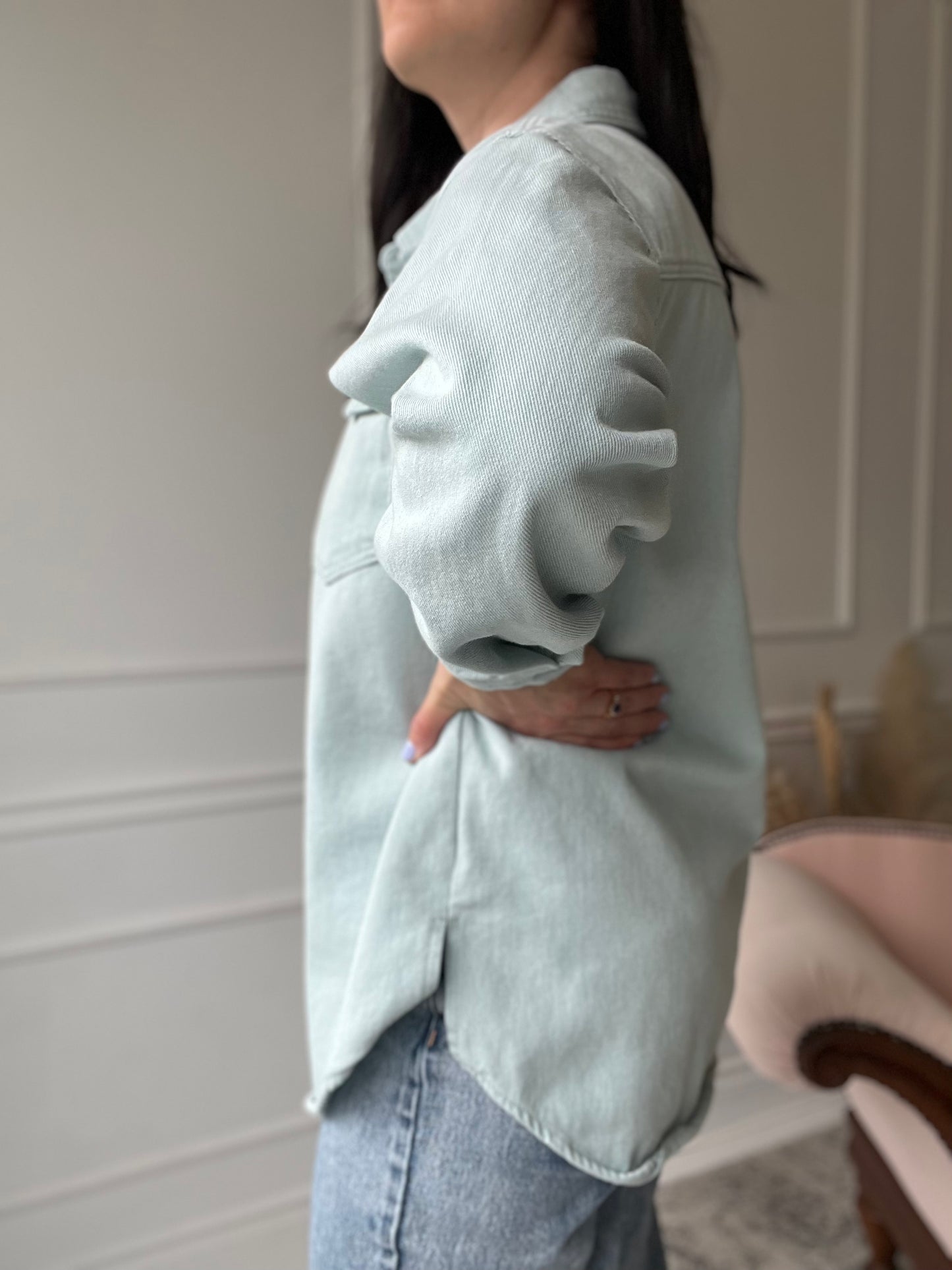 Light Teal Denim Shacket - Size L