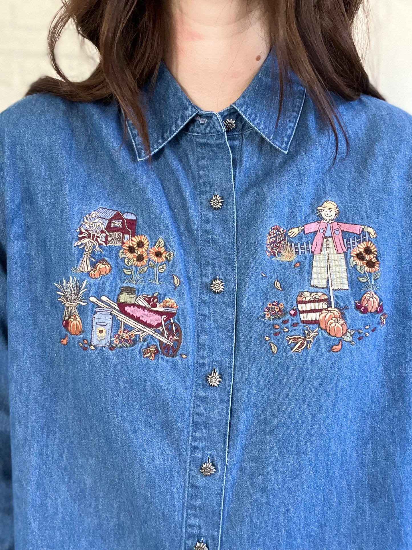 Pumpkin Denim Fall Button Up Shirt - Size XL