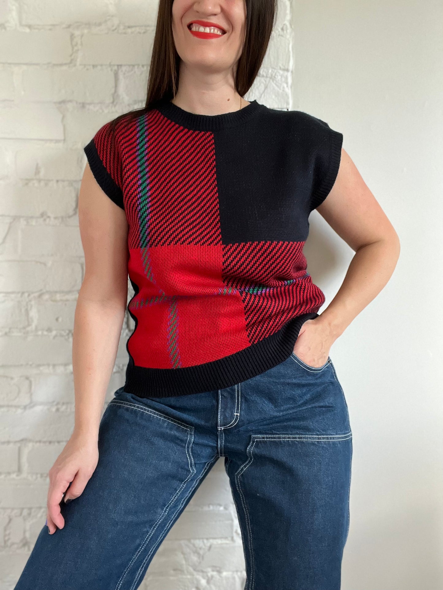Plaid Knit Sleeveless Top - Size M