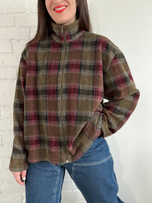 Plaid Sherpa Fleece Zip Up - L/XL