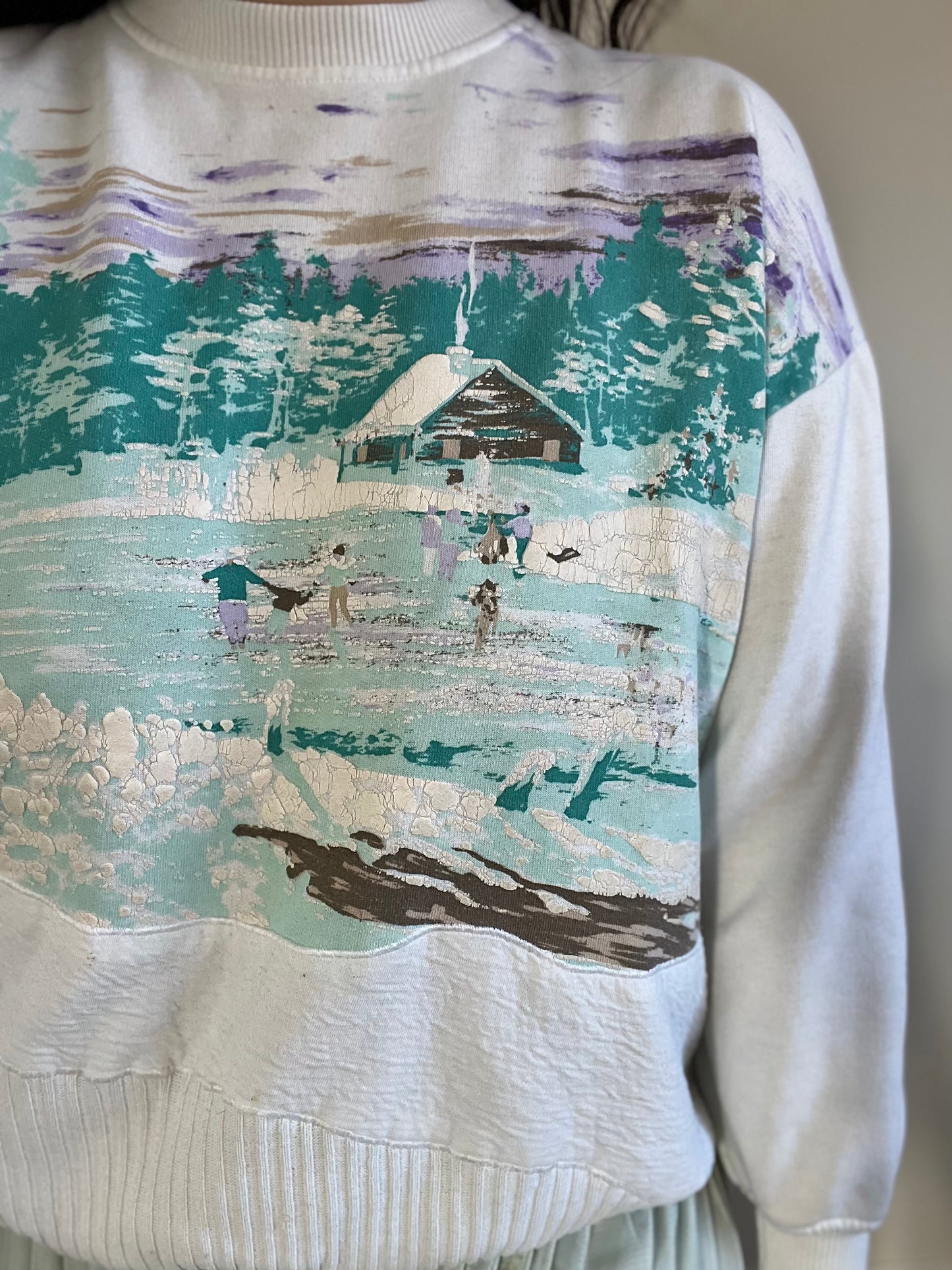 Vintage Skating Cottage Scene Sweater - L