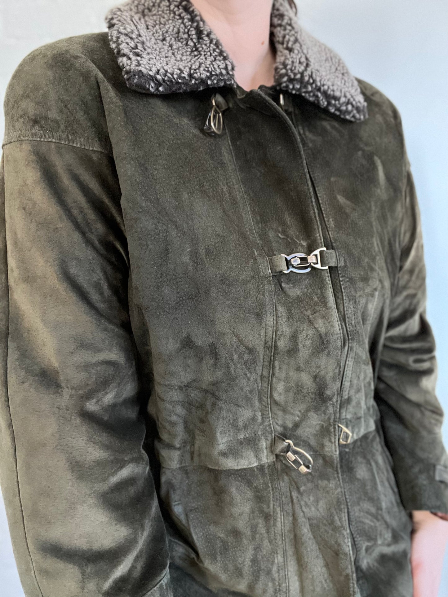 Olive Green Suede Leather Jacket - Size S/M