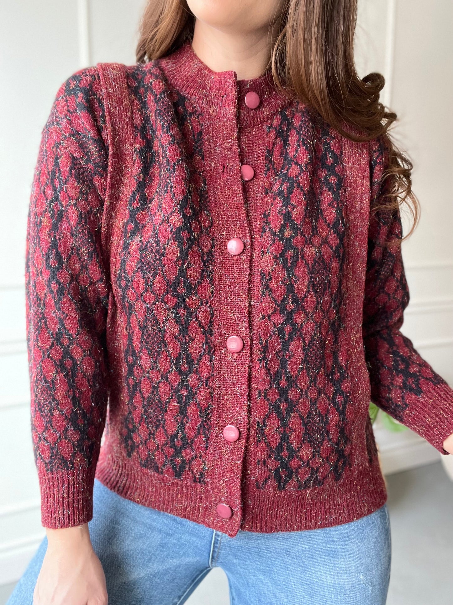 Red and Black Giraffe Tinsel Sweater - Size S/M