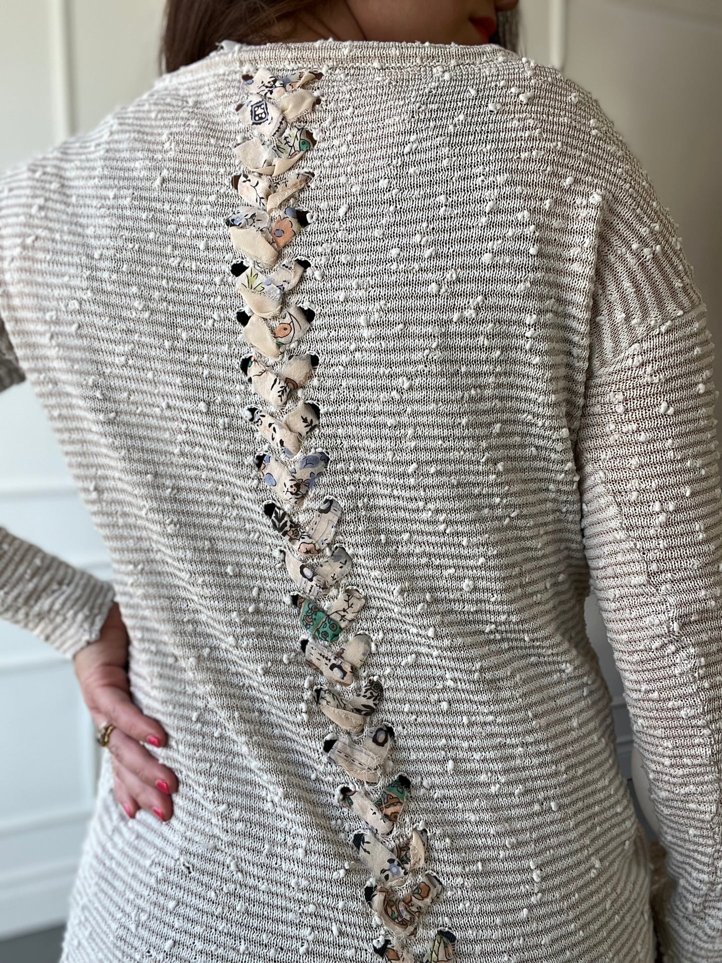 Lace Up Floral Cream Sweater - Size M