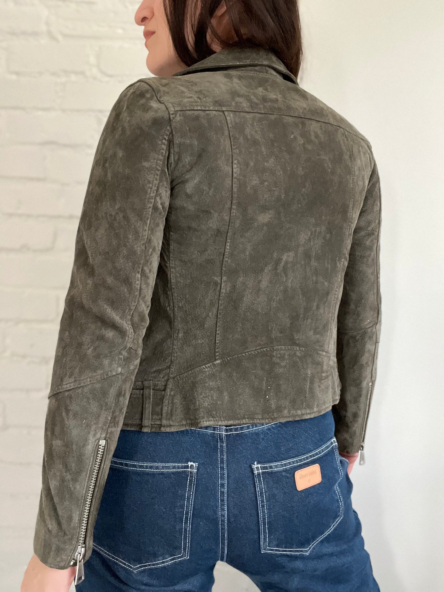 Army Green 100% Leather Suede Moto Jacket - Size 4