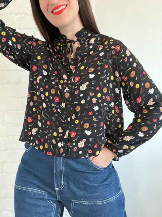 Floral Garden Ruffle Neck Top - S