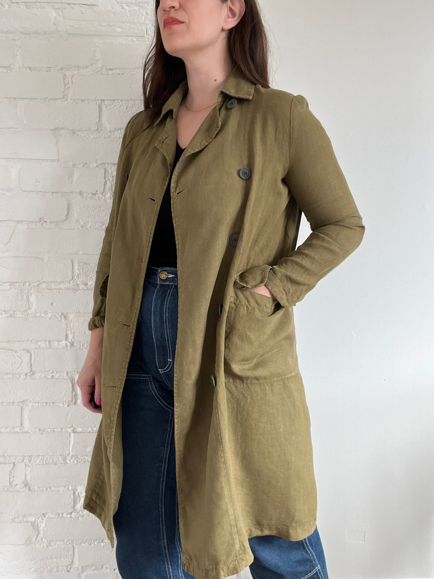 Olive Green Linen Trench Coat - XS