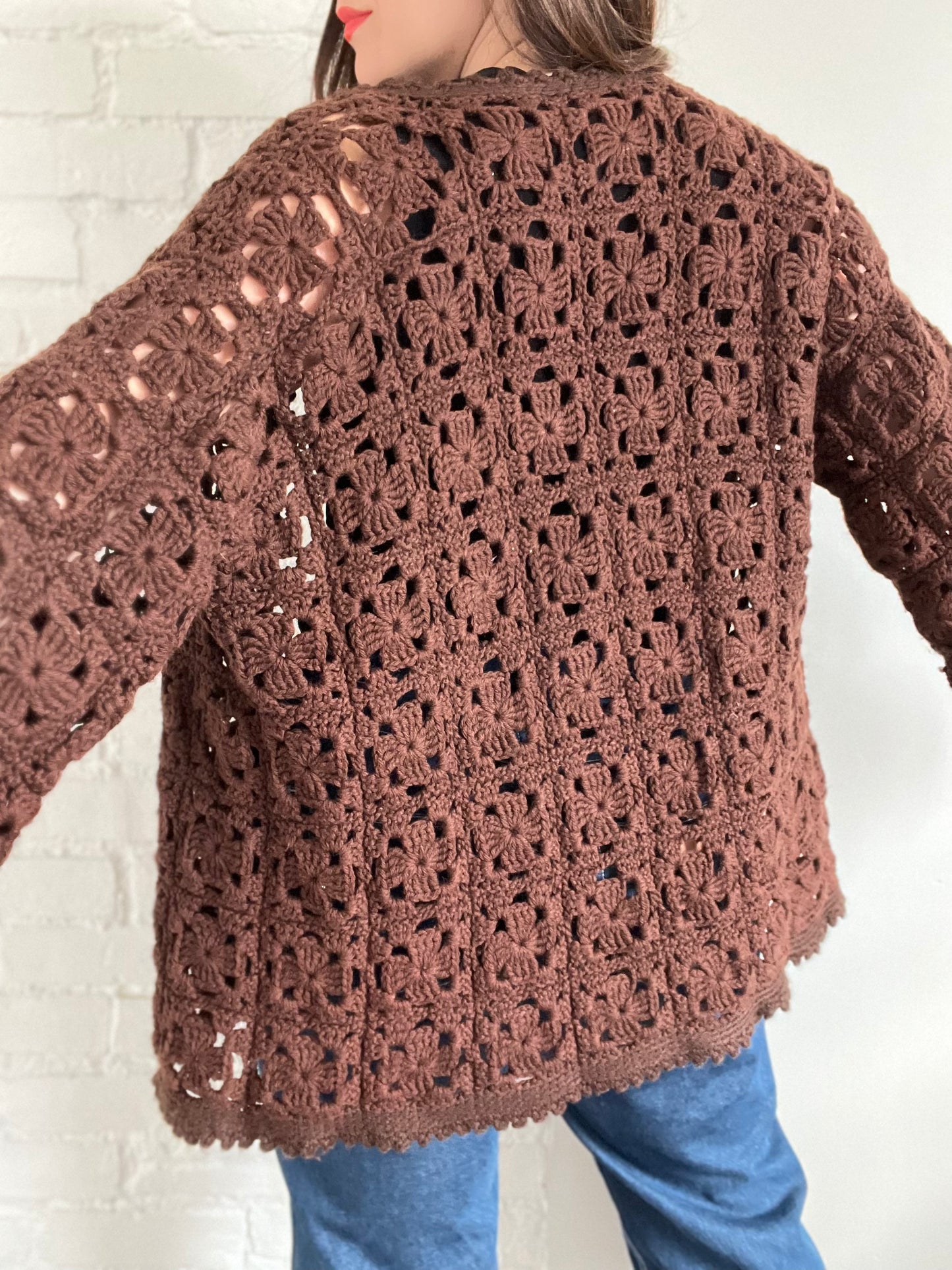 Chocolate Brown Crochet Cardigan - One Size
