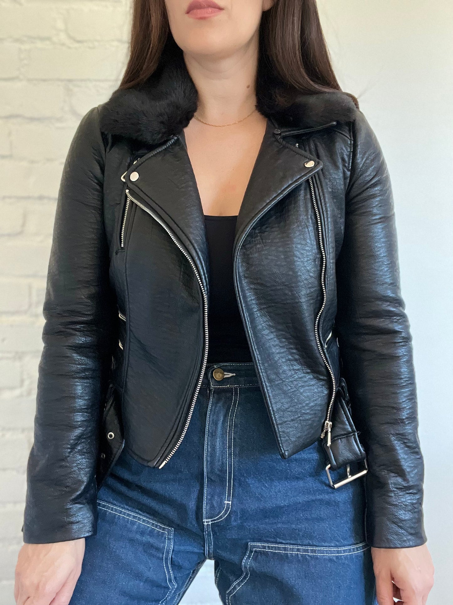 Faux Fur Collar Biker Jacket  - Size S
