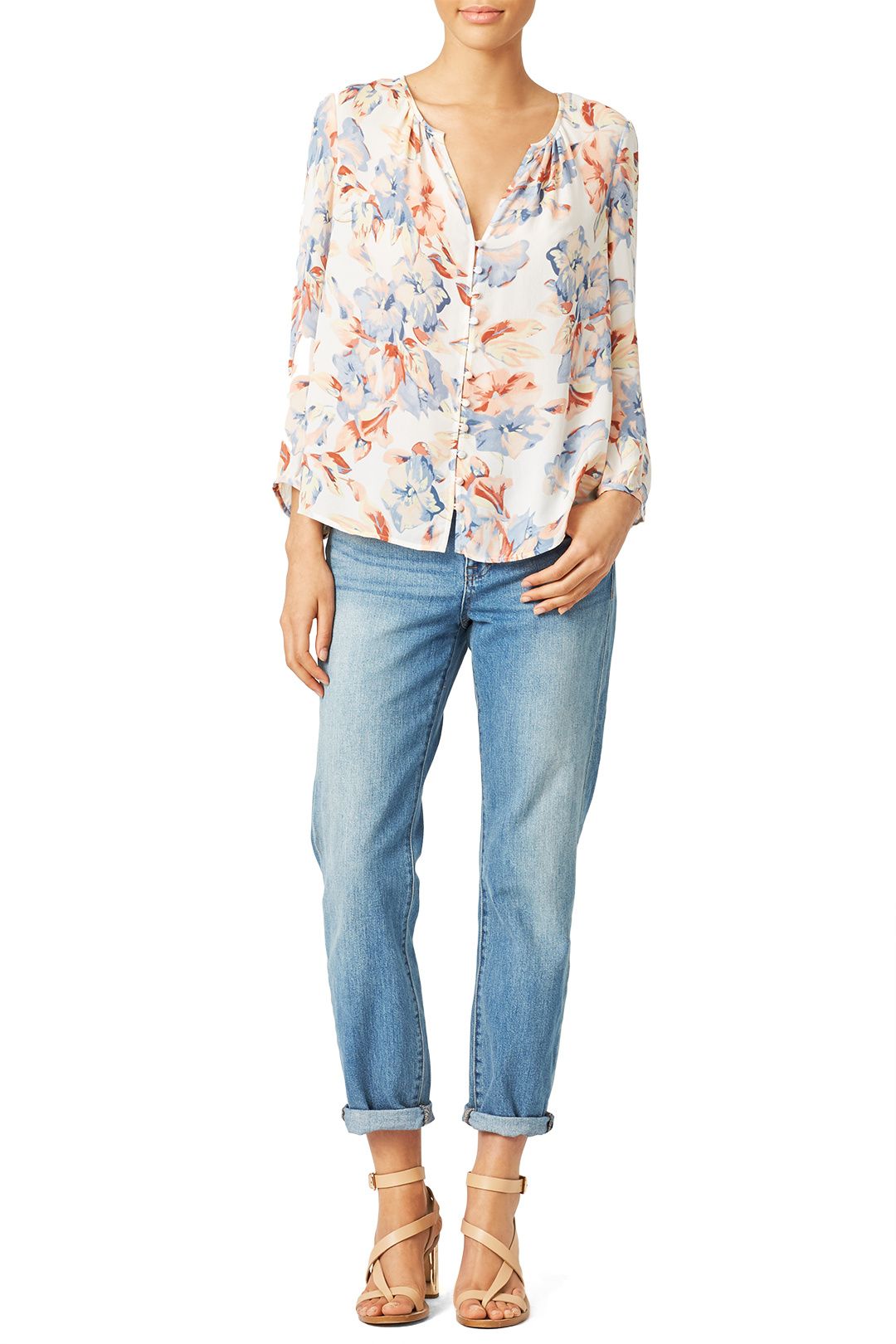 Romantic Floral Silk Top - Size L