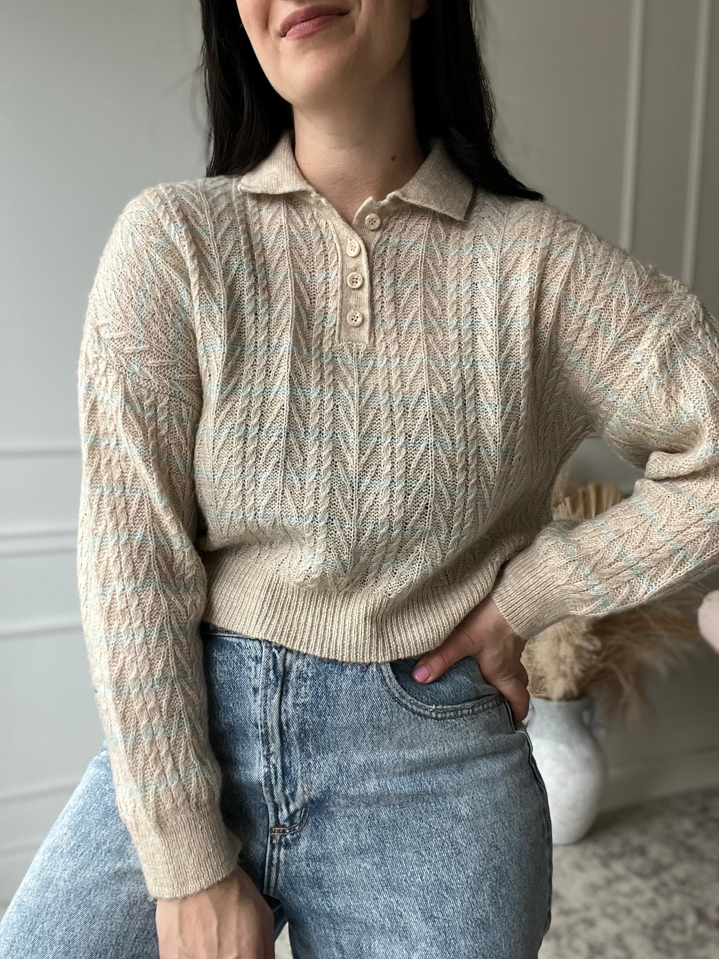 Cropped Cream & Turquoise Knit - Size XS