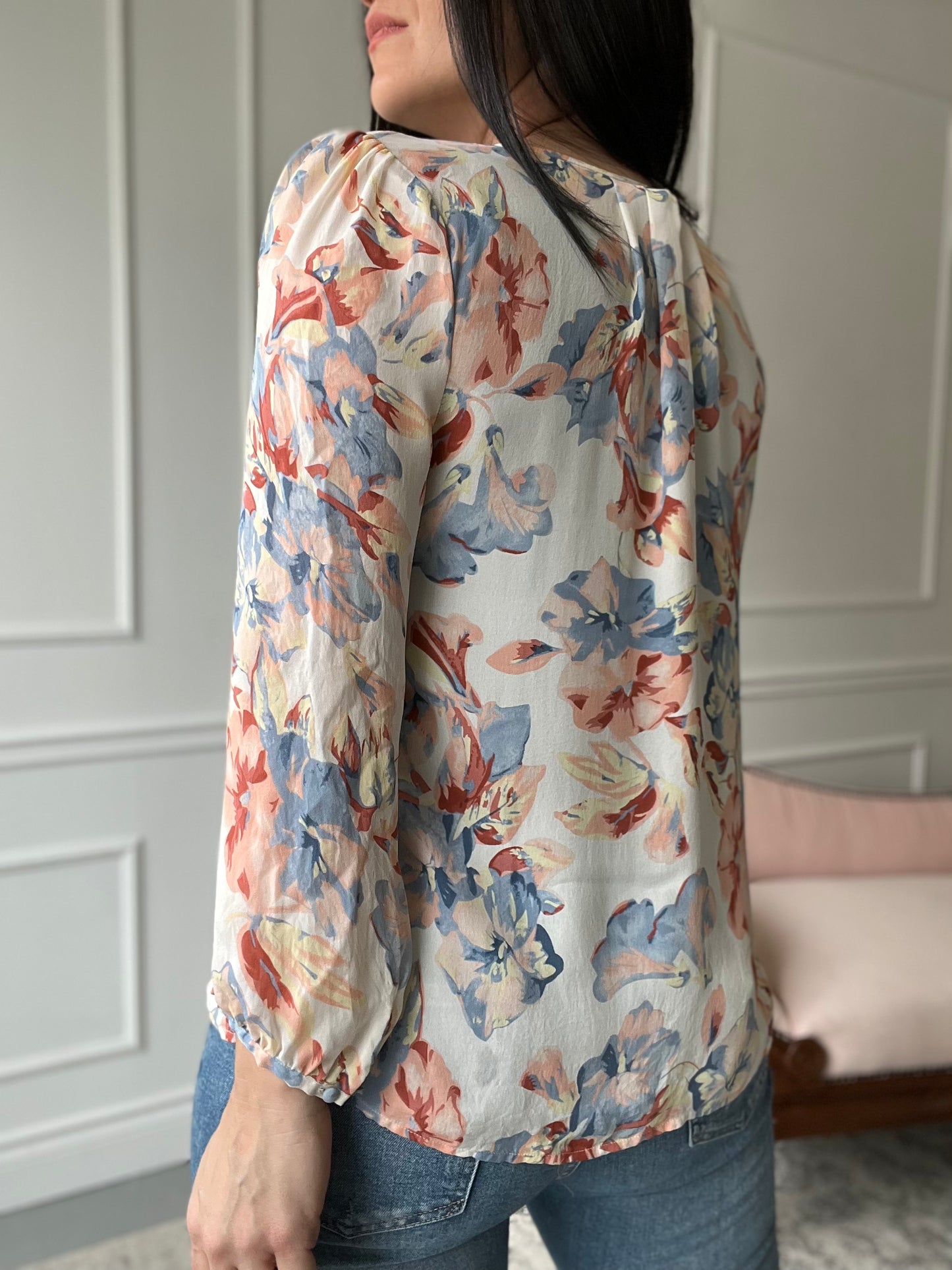 Romantic Floral Silk Top - Size L