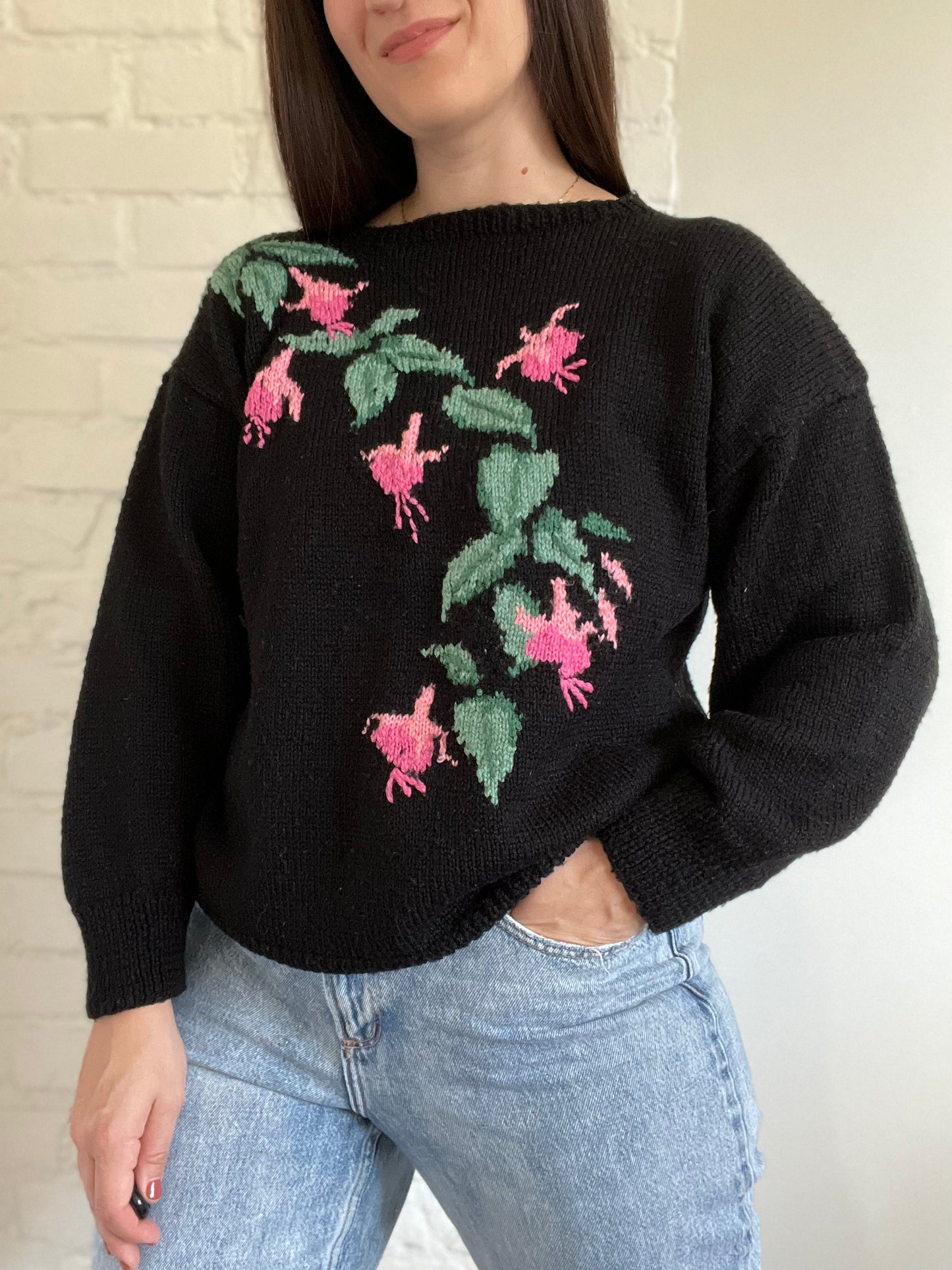 Hand Knit Black & Floral Sweater - Size L/XL