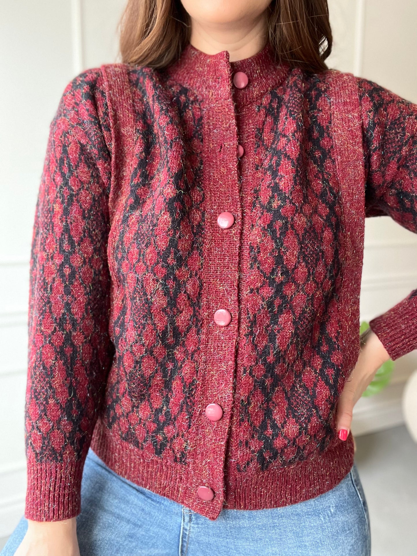 Red and Black Giraffe Tinsel Sweater - Size S/M