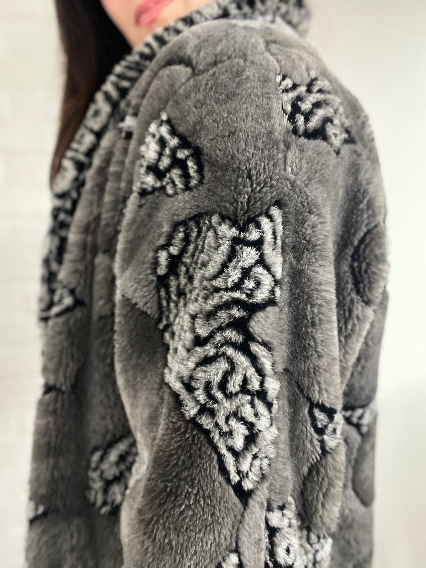 Grey & Black Faux Fur Jacket - Size S/M