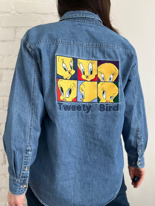 Rare 90s Looney Tunes Tweety Bird Denim Top  - Womens S