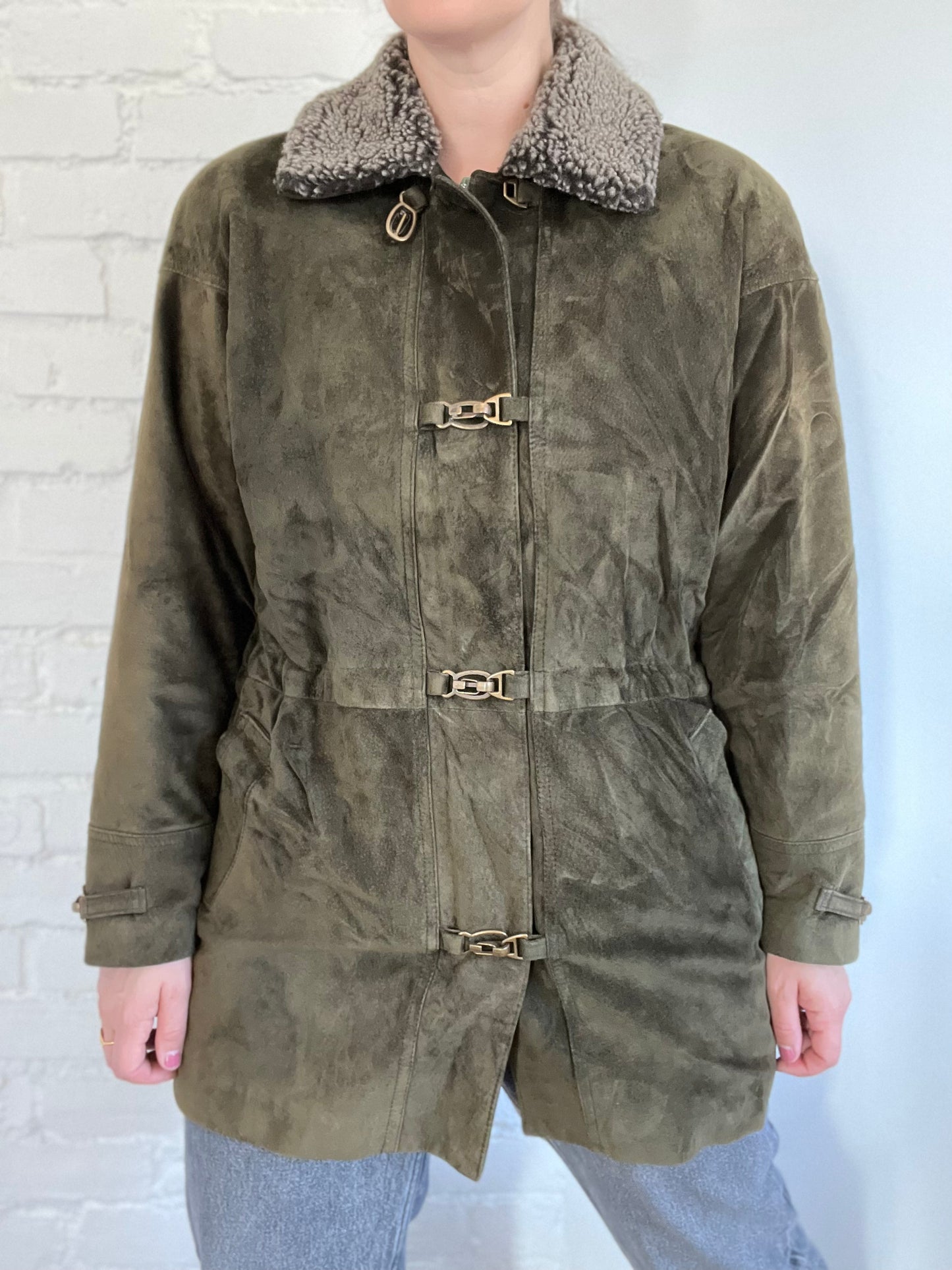 Olive Green Suede Leather Jacket - Size S/M