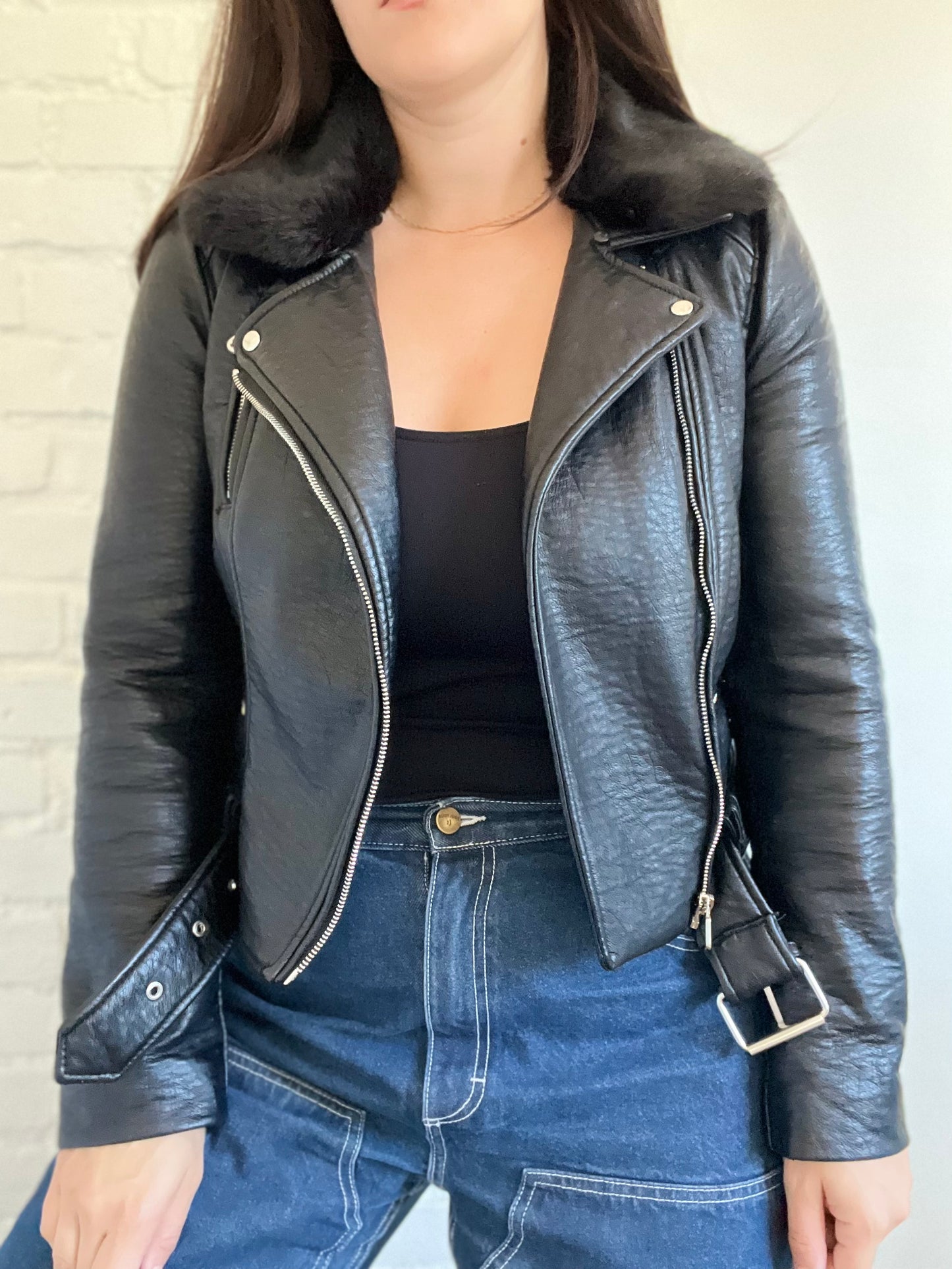 Faux Fur Collar Biker Jacket  - Size S