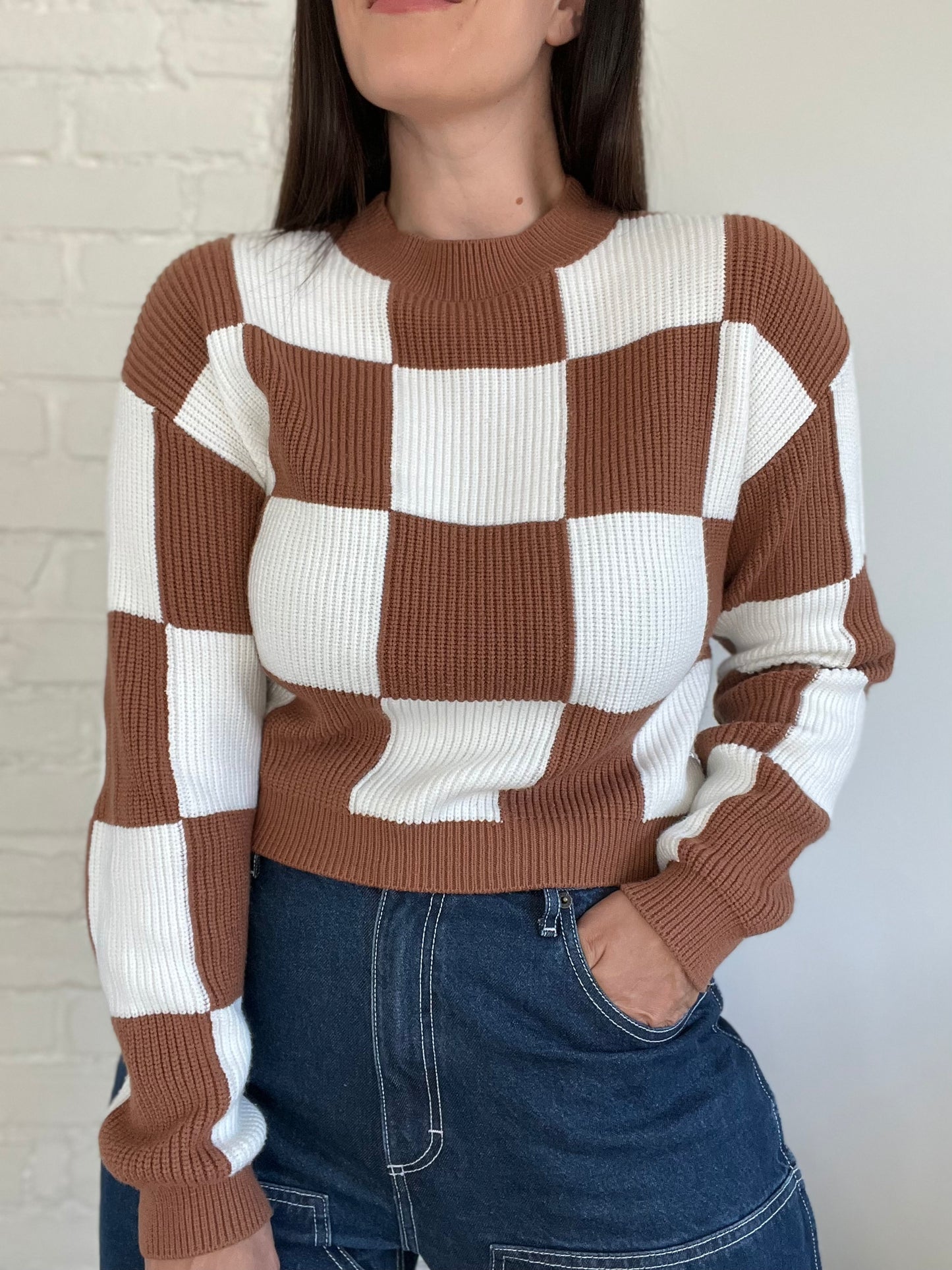 Camel & White Checkered Sweater - Size S