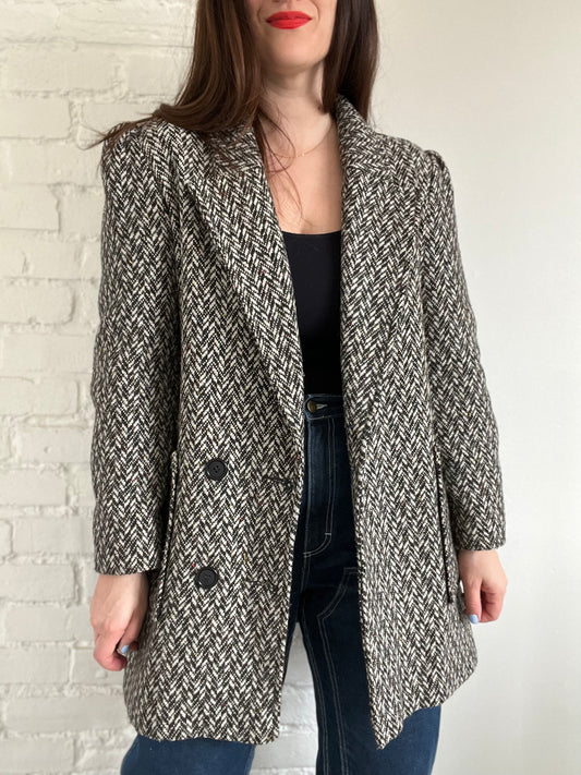 Neutral Confetti Chevron Tweed Coat - M