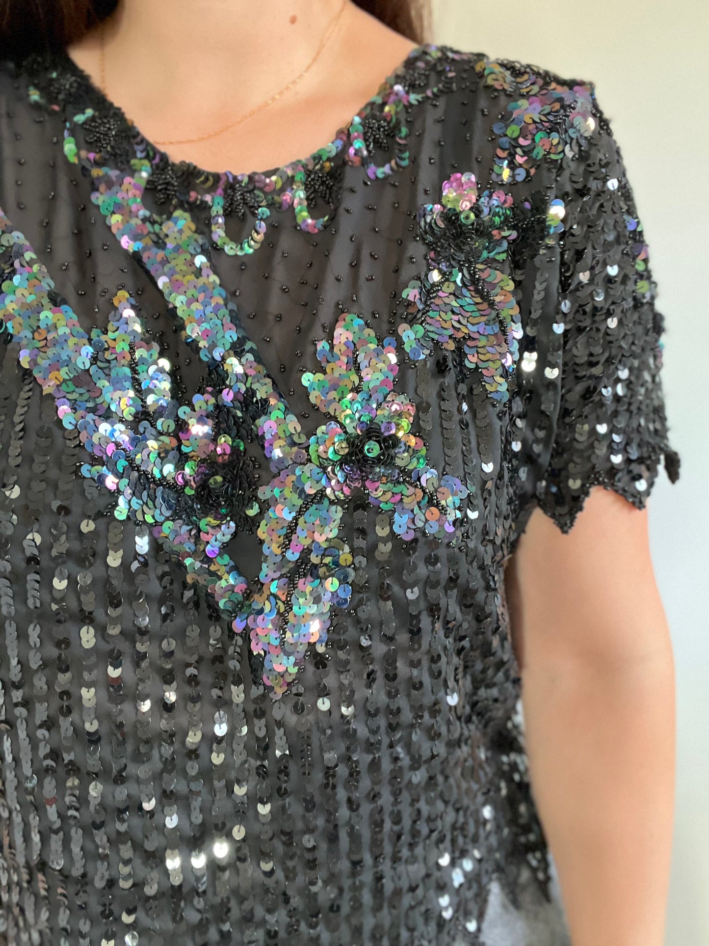 Black Sheer Sequinned Top - M