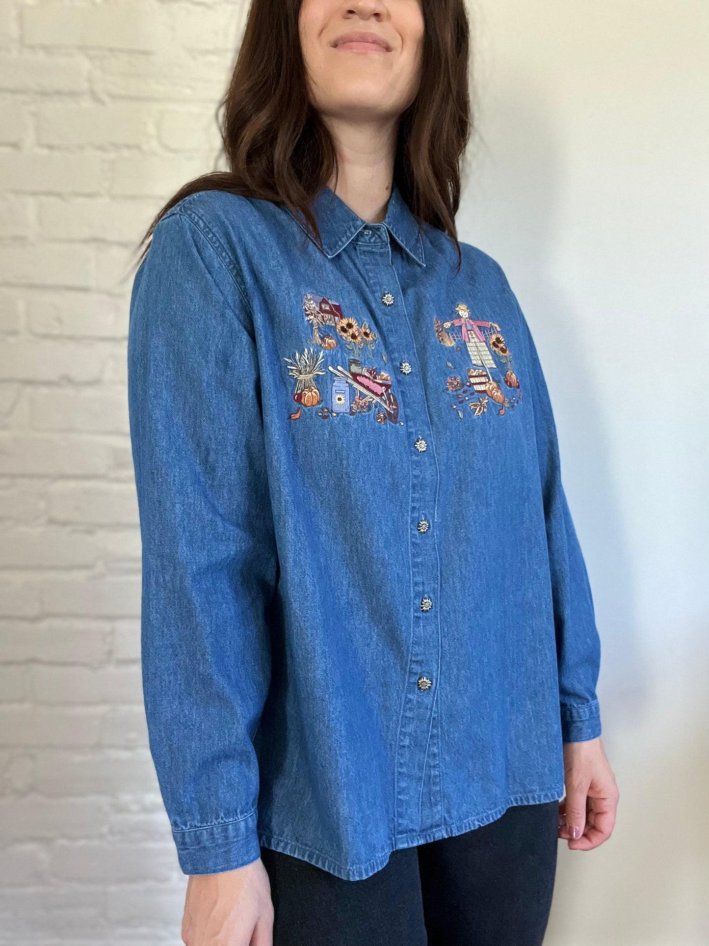 Pumpkin Denim Fall Button Up Shirt - Size XL
